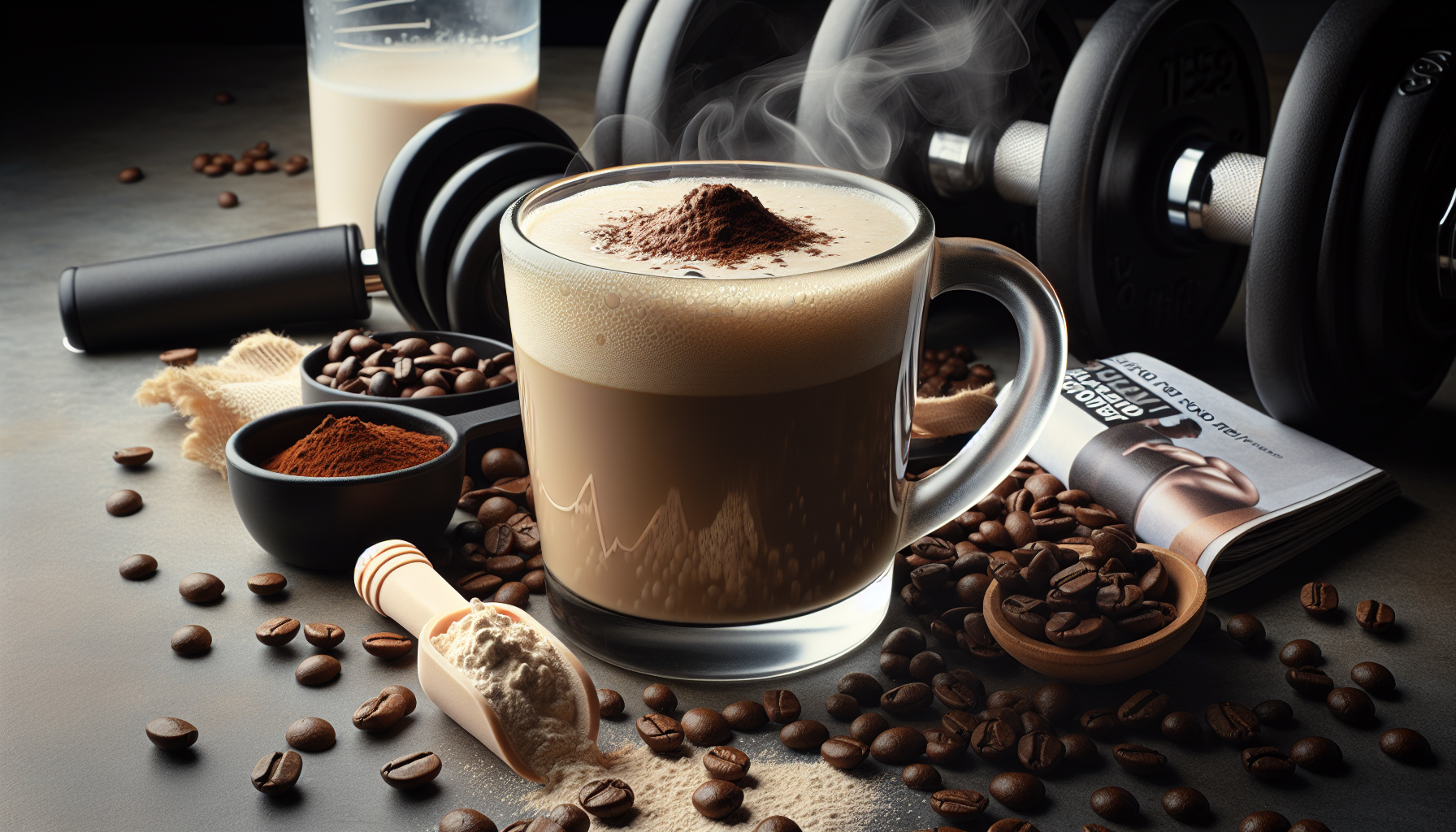 A steaming cup of coffee topped with cocoa powder is surrounded by coffee beans, a small bowl of cocoa powder, and a scoop of protein powder. In the background, there are dumbbells and a fitness magazine, creating a blend of fitness and wellness themes.