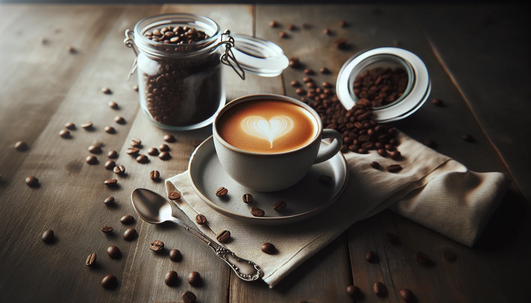 A steaming cup of coffee sits beside a jar of beans, highlighting the Braun coffee maker's elegance.