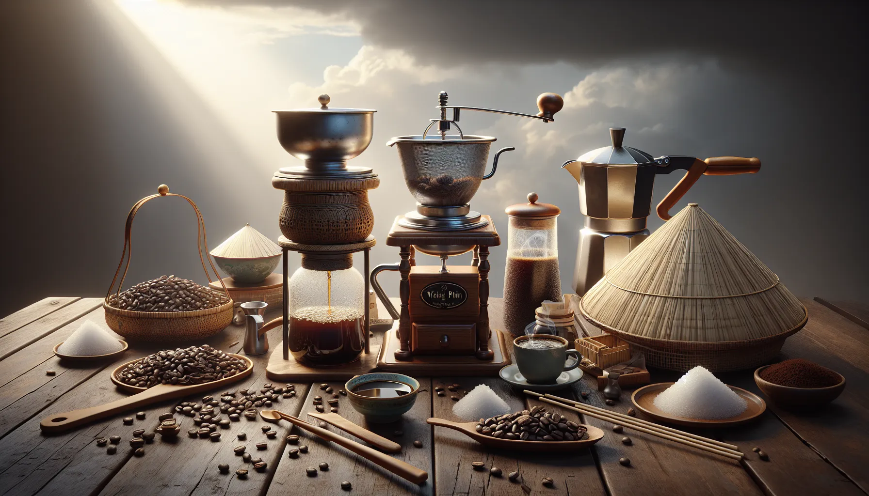 A beautifully arranged coffee setup featuring Lee's coffee, various brewing tools, and ingredients.