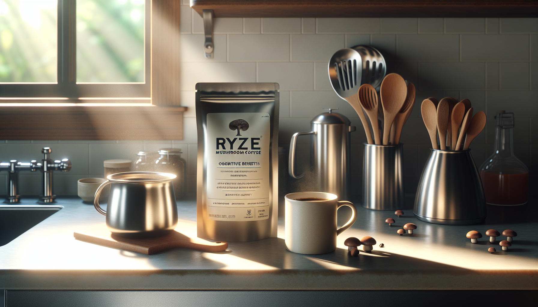 A modern kitchen countertop with a bag of Ryze Adaptogenic Coffee prominently displayed, featuring text about its cognitive benefits. A steaming coffee cup sits on a wooden cutting board next to a small pot. Surrounding items include various wooden cooking utensils in containers, a stainless steel kettle, and a few small mushrooms scattered on the countertop, illuminated by sunlight streaming through a nearby window.