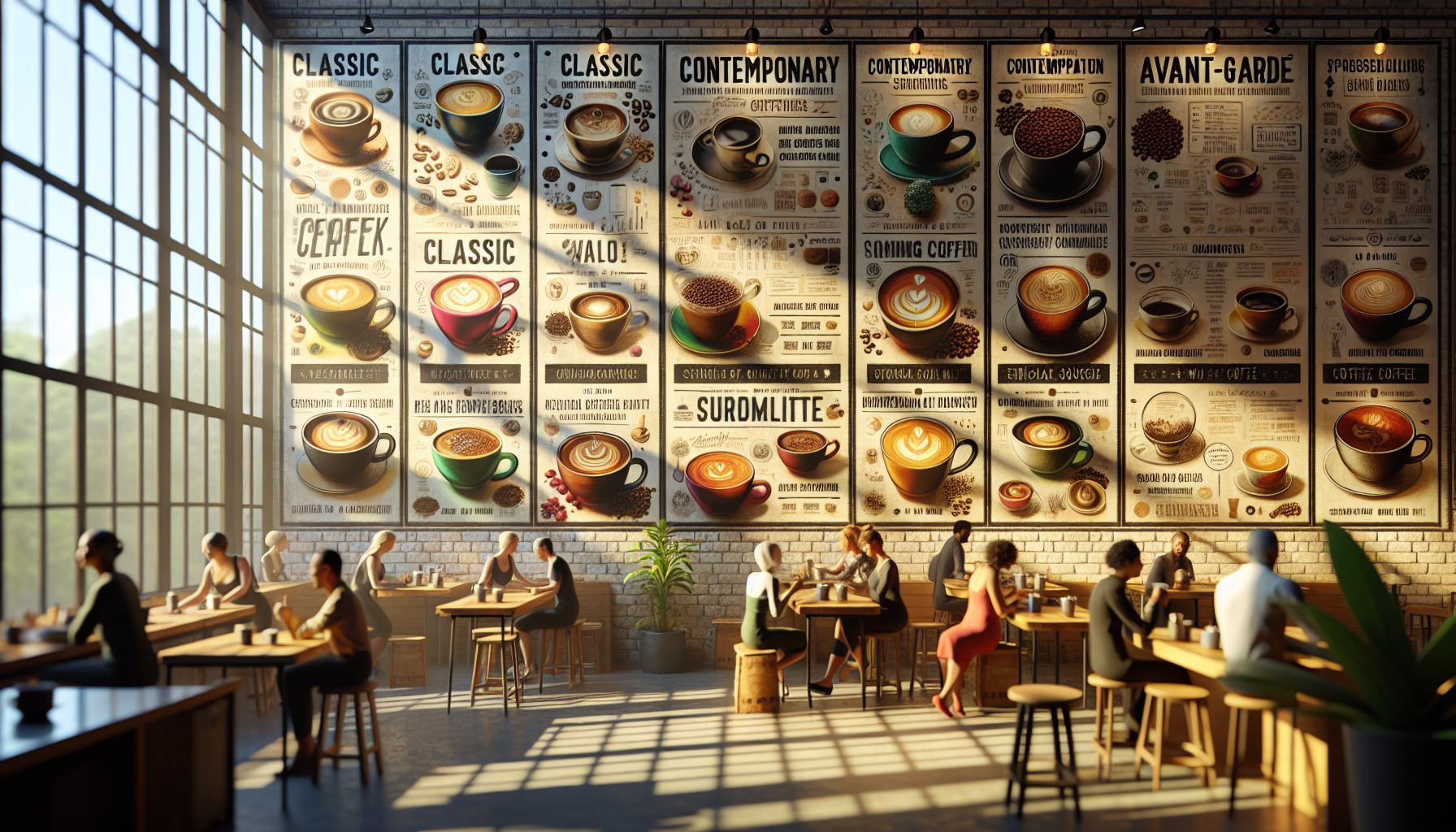 A modern café interior featuring several coffee-themed posters on the wall, showcasing different types of coffee drinks. The space is bright with large windows allowing natural light, and patrons are seated at wooden tables, some enjoying drinks and others working or socializing. Various plants add a touch of greenery to the ambiance.