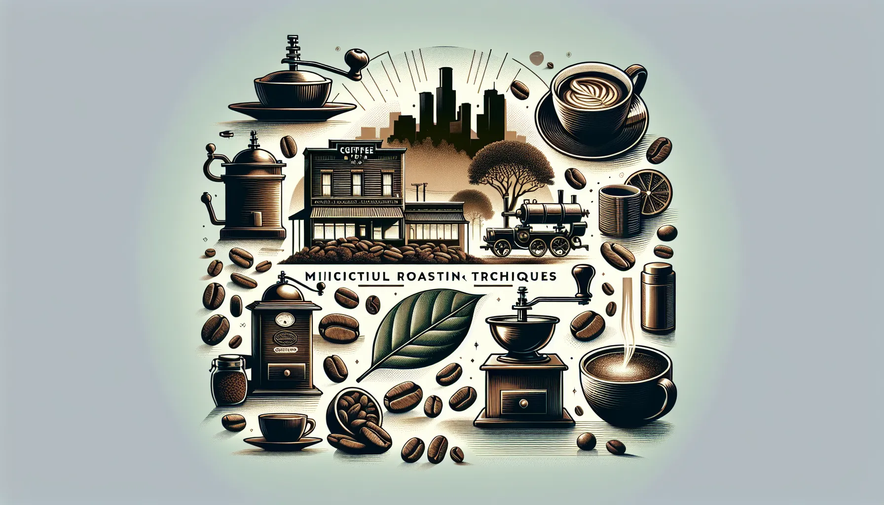 An artistic illustration featuring various coffee-related elements, including a vintage coffee shop, brewing equipment, coffee beans, cups of coffee, and a city skyline in the background, all arranged around a central leaf motif with the text 