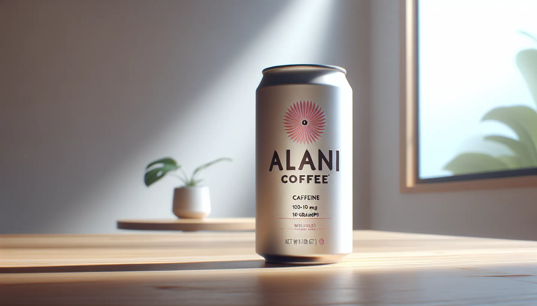 A can of Alani Coffee sits on a wooden table, illuminated by natural light from a nearby window.