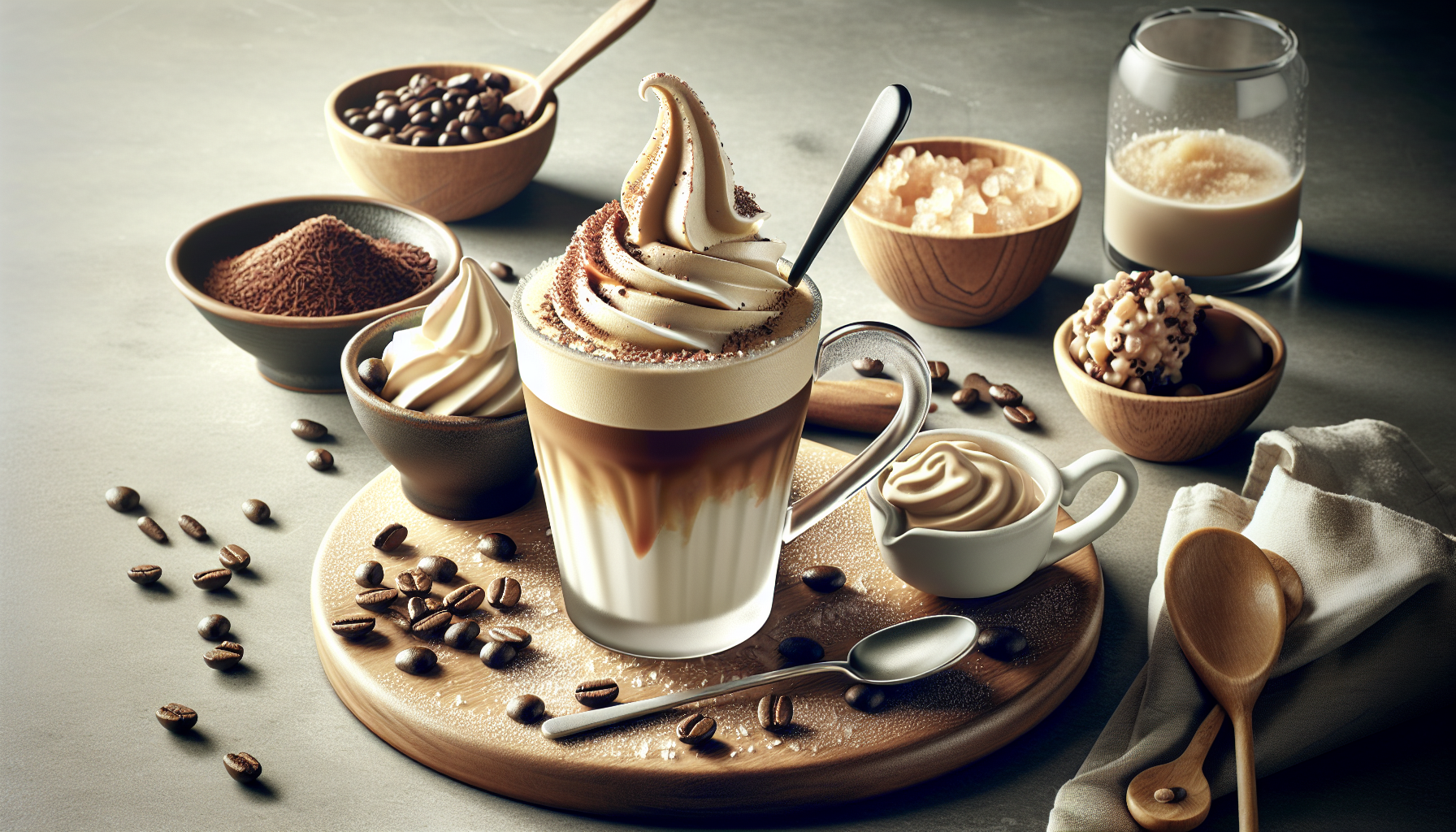 A beautifully styled coffee preparation scene featuring a tall glass mug filled with layered coffee, topped with creamy whipped topping and cocoa powder. Surrounding the mug are small bowls of coffee beans, cocoa powder, sugar, and a dollop of cream, along with scattered coffee beans and a spoon, all arranged on a wooden serving board.