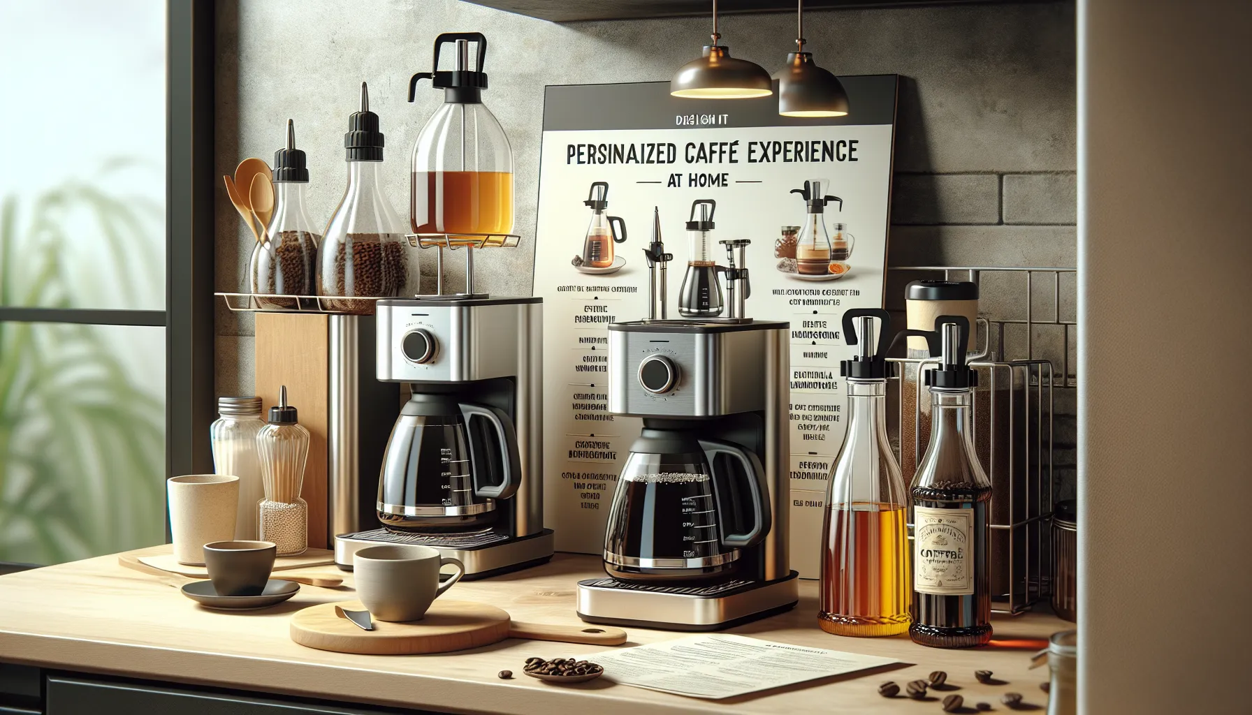 A stylish coffee station featuring a coffee syrup dispenser among various coffee-making tools.