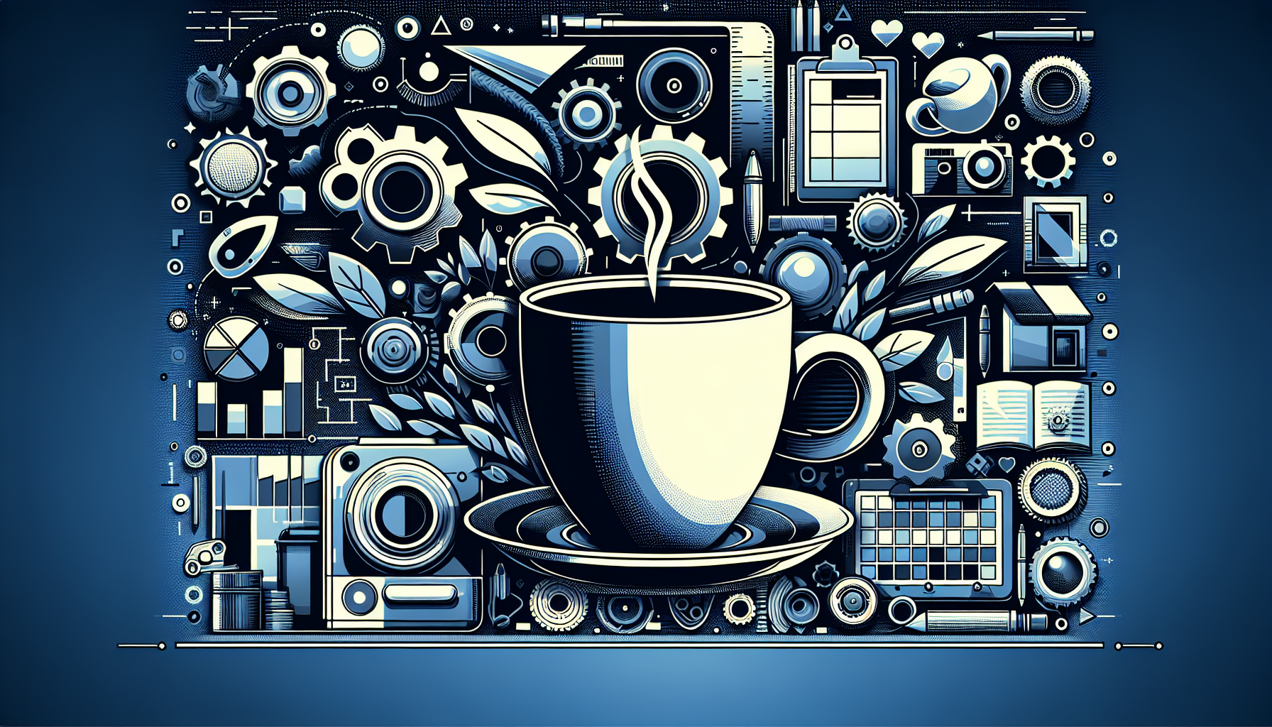 A stylized illustration featuring a large white coffee cup emitting steam, surrounded by various mechanical gears, tools, leaves, and office supplies, all in shades of blue. The background includes images of a camera, graphs, an open book, a clipboard, and other items, creating a vibrant, tech-inspired composition.