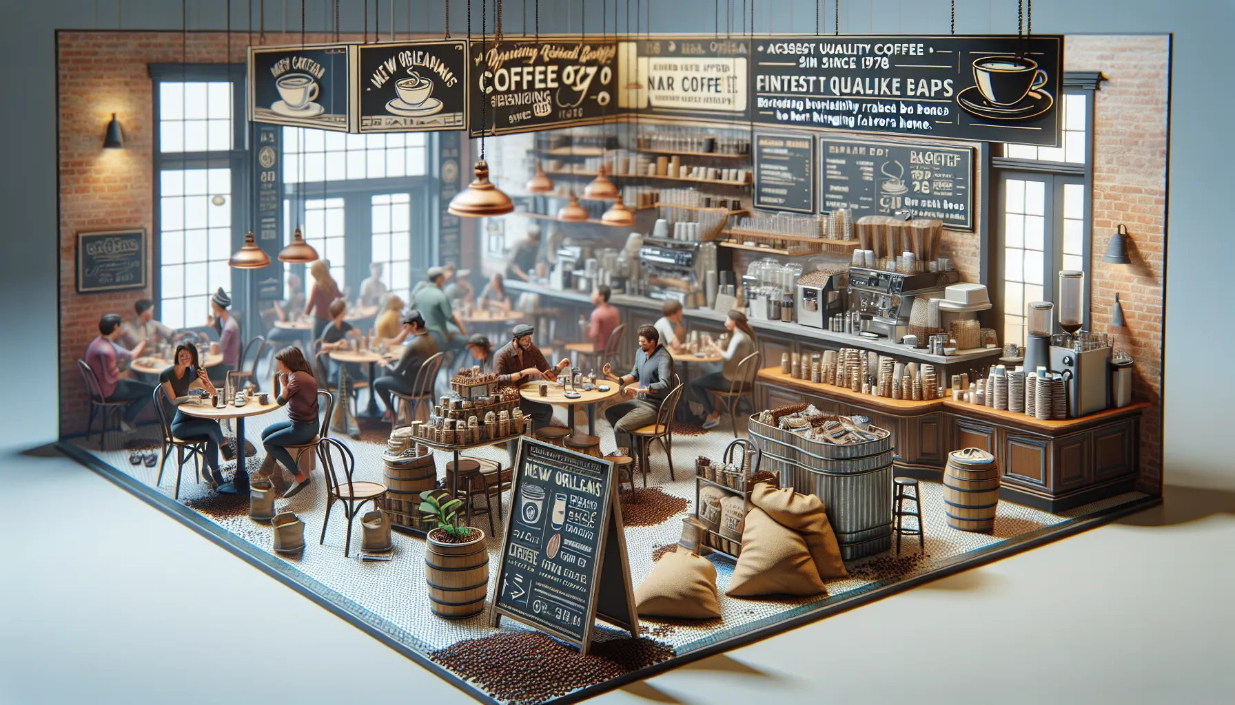 A cozy coffee shop interior with large windows, wooden tables, and a variety of coffee brewing equipment. Customers are seated at tables, enjoying their drinks and food, while shelves lined with coffee products and a menu board prominently display offerings. The ambiance is warm, featuring hanging lights and exposed brick walls, with decorative elements like barrels and coffee bean bags.