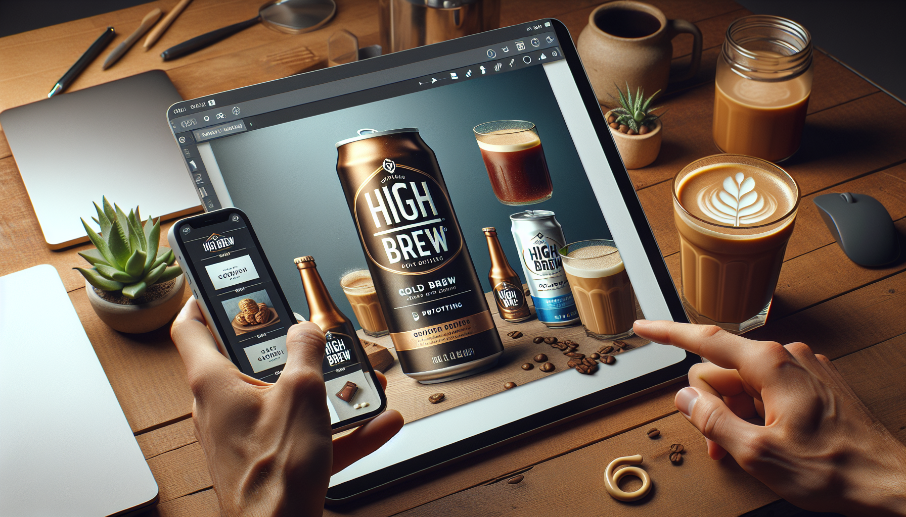 A close-up view of a workspace featuring a tablet displaying various High Brew coffee products, including cans and bottles. A smartphone in one hand shows the High Brew website, while the other hand interacts with the tablet. The scene includes a styled coffee drink with latte art, a glass of cold brew, scattered coffee beans, a small plant, and various office supplies on a wooden table.