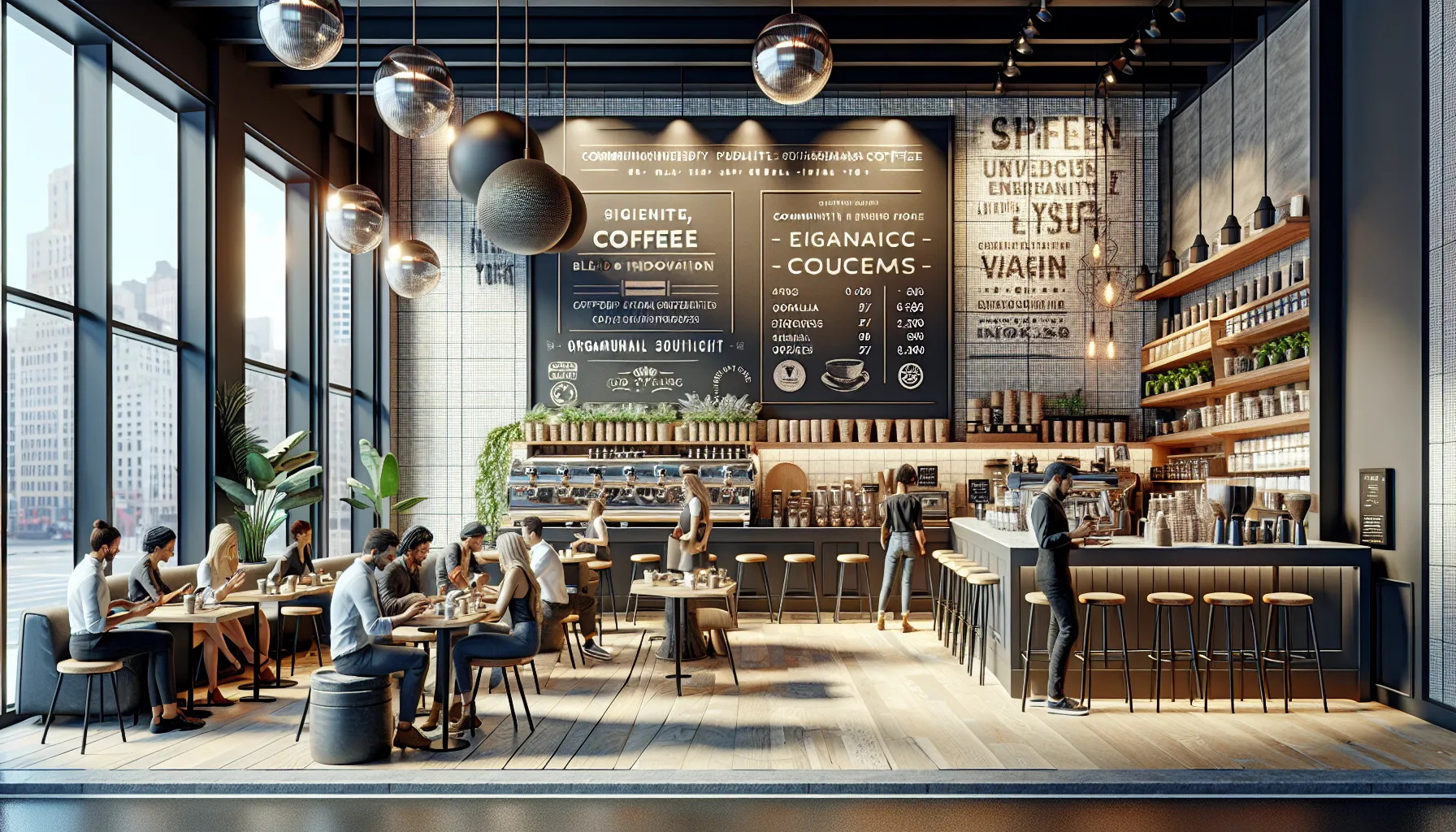 A modern coffee shop interior featuring large windows, stylish pendant lights, and a menu board displaying various coffee options. Customers are seated at wooden tables, some reading menus, while baristas prepare drinks at a sleek counter with a coffee machine and shelves of jars and plants. The ambiance is bright and contemporary, with city views in the background.