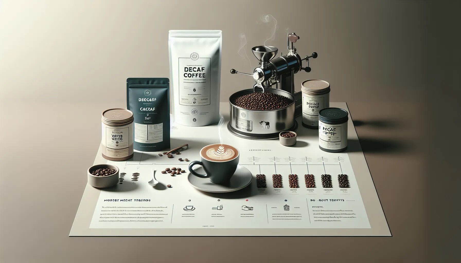 A neatly arranged coffee setup featuring various packages of decaf coffee, a coffee grinder, a cup of latte art, and scattered coffee beans on a light-colored surface, with an informational sheet detailing coffee types and brewing methods underneath.