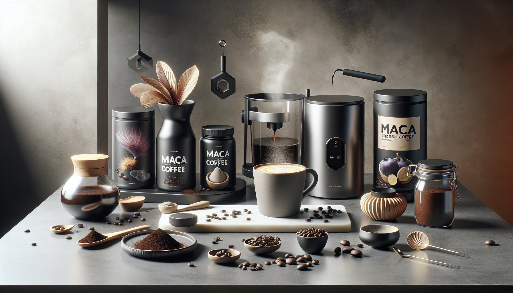 A stylish coffee setup featuring various containers of maca coffee, including black canisters and a glass jar. A modern coffee maker and a cup of latte art sit amidst scattered coffee beans, ground coffee, and wooden spoons, with decorative leaves in a vase, all arranged on a sleek surface against a softly lit background.