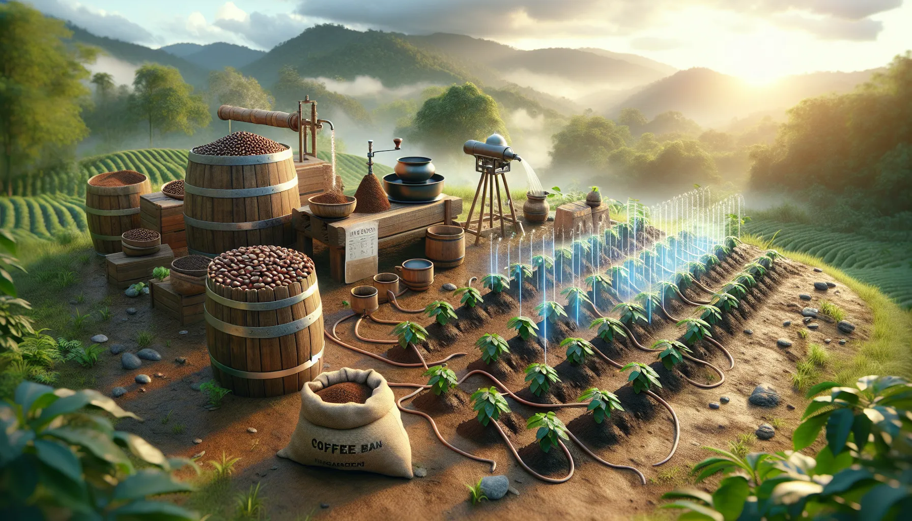 A vibrant landscape featuring stardew coffee bean cultivation, barrels, and irrigation systems.