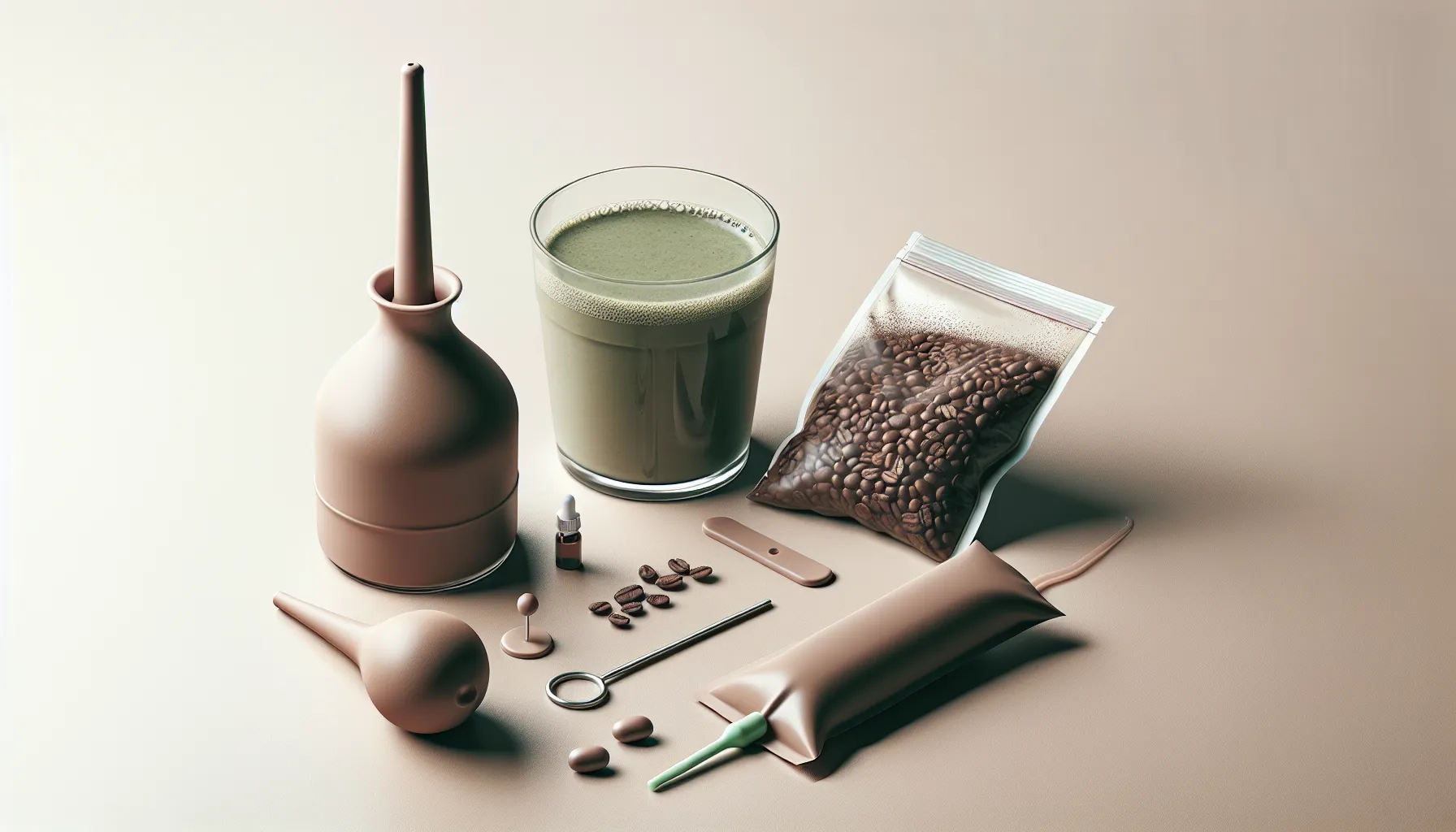 A coffee enema kit displayed with tools, coffee beans, and a green liquid in a glass.