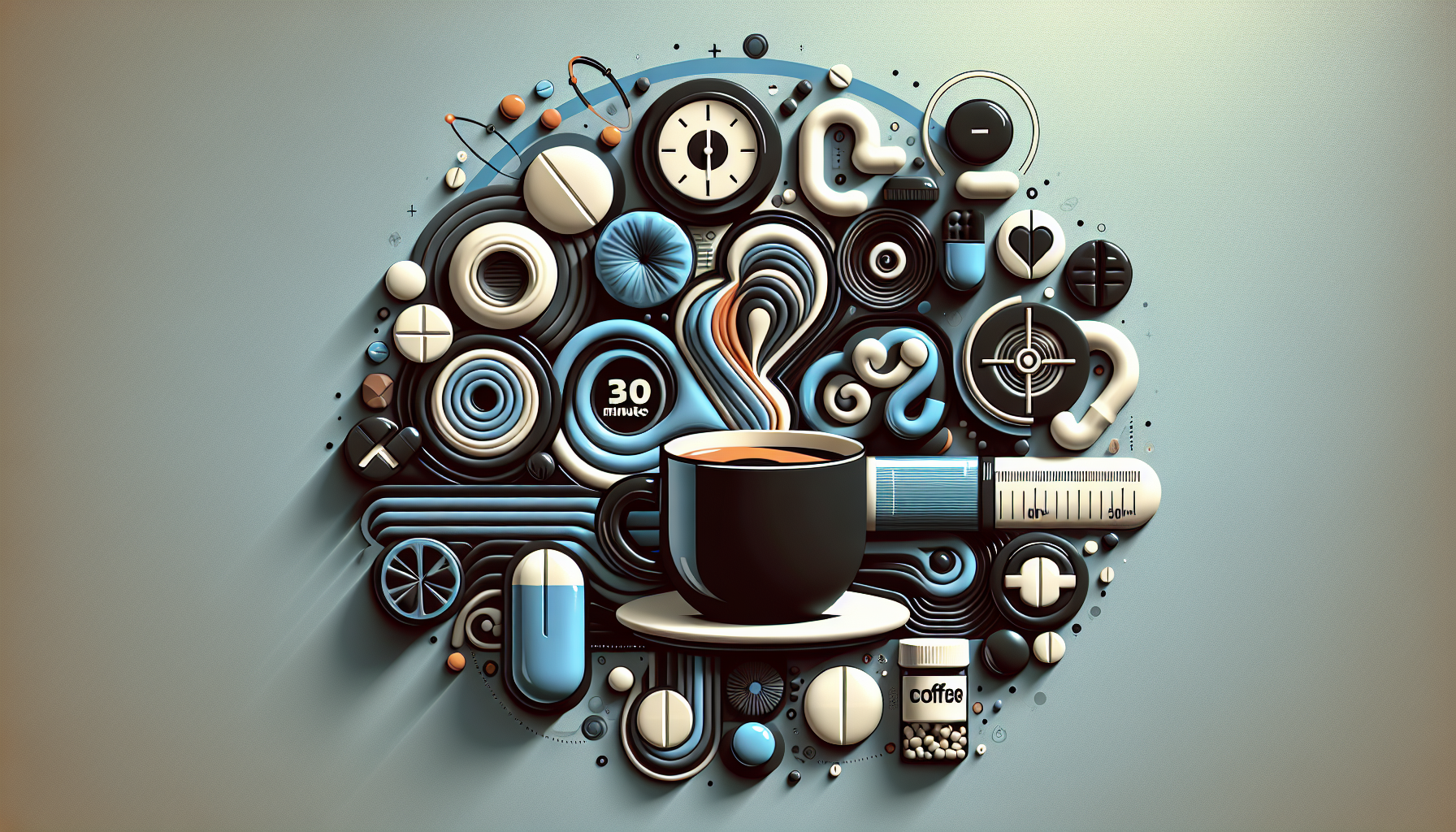 A stylized composition of various circular and abstract shapes in shades of blue and beige, featuring a coffee cup on a saucer at the center, surrounded by pills, a clock, a syringe, and other graphic elements related to time and medication.