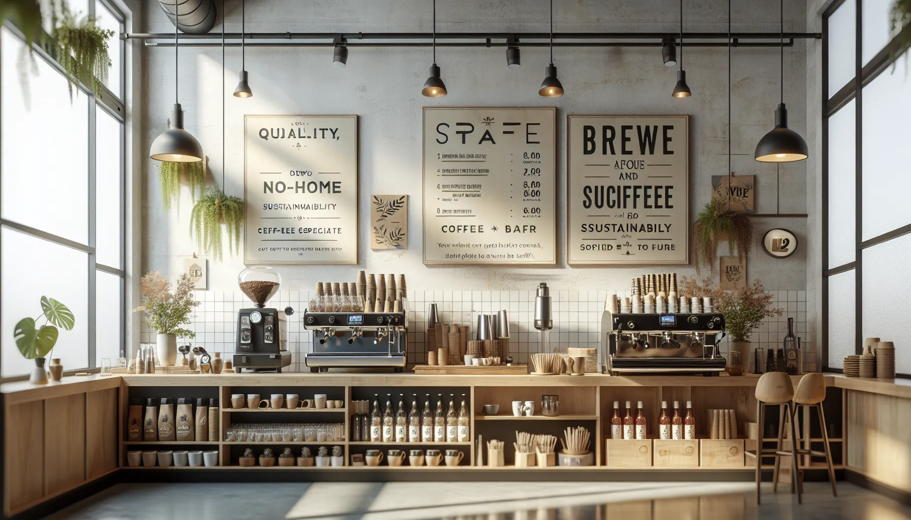 A cozy coffee shop interior featuring the Blue Bottle coffee menu prominently displayed on the wall alongside various brewing equipment and decorative plants.