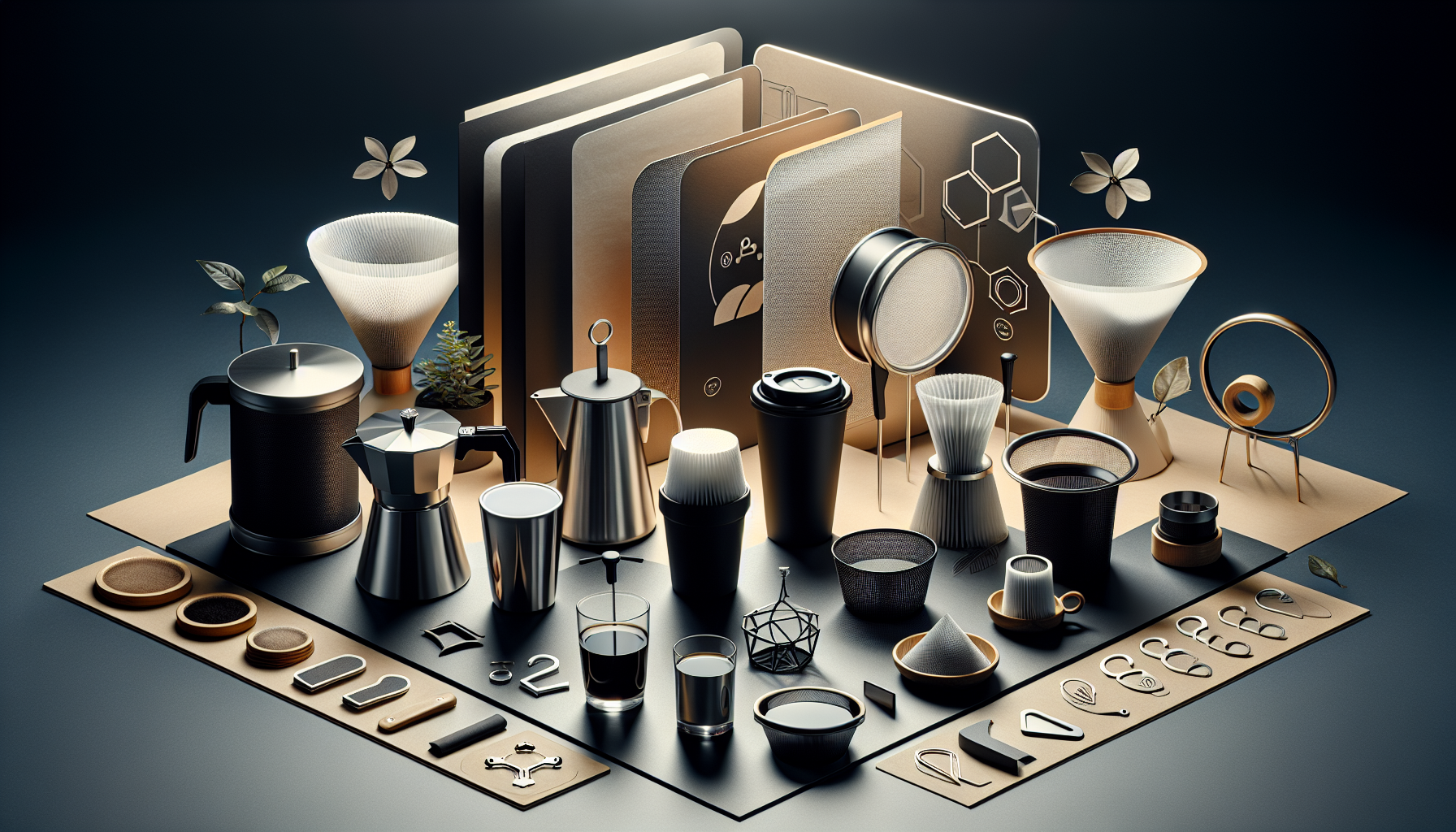 A collection of coffee-making tools and accessories, including a French press, pour-over drippers, coffee cups, filters, a moka pot, and various brewing devices arranged artistically on a dark background. Several plants and decorative elements enhance the composition.