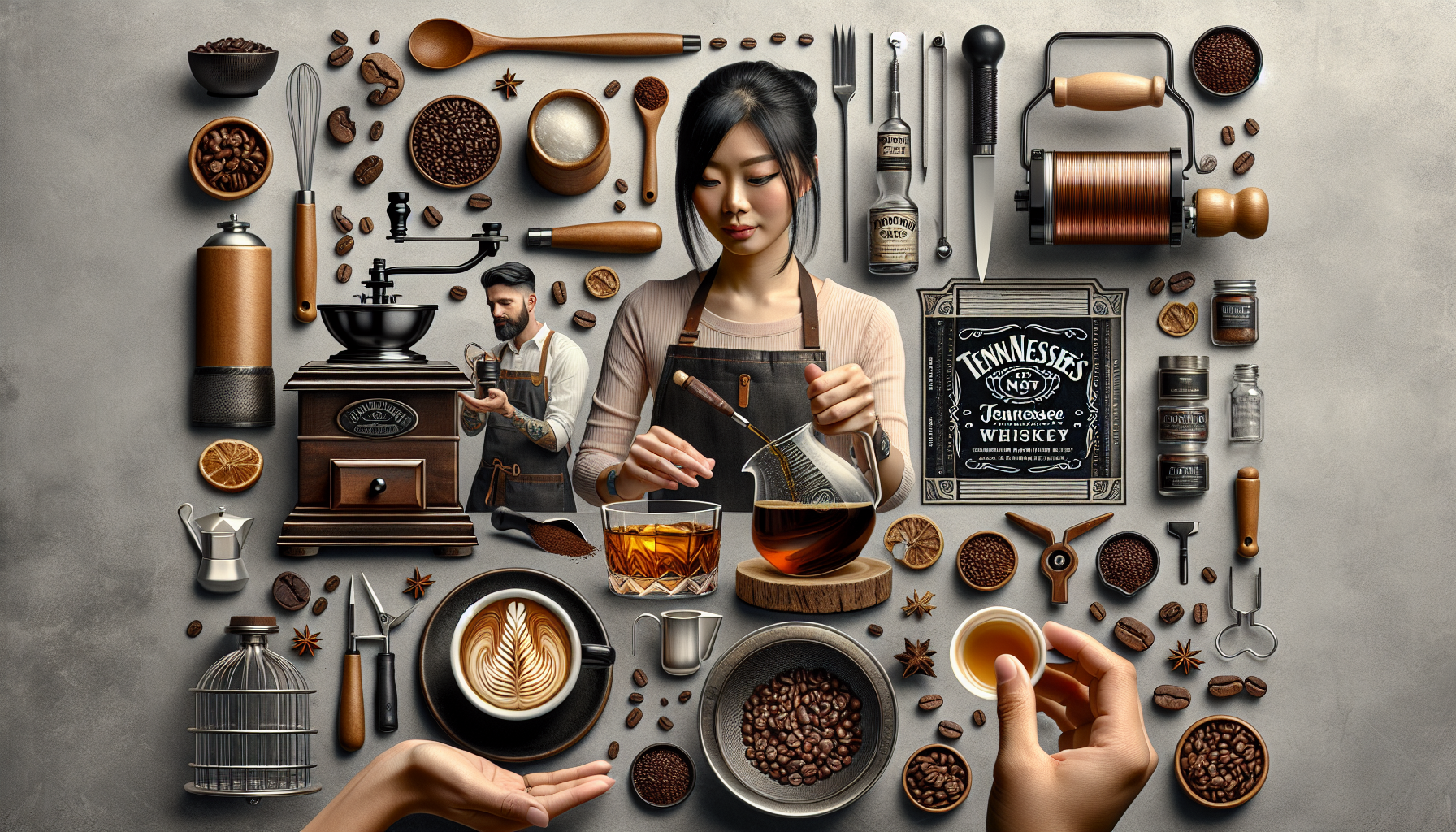 A visually rich flat lay featuring a woman pouring coffee from a glass carafe, accompanied by a man preparing drinks. The arrangement includes coffee beans, various brewing tools, a whiskey bottle labeled 