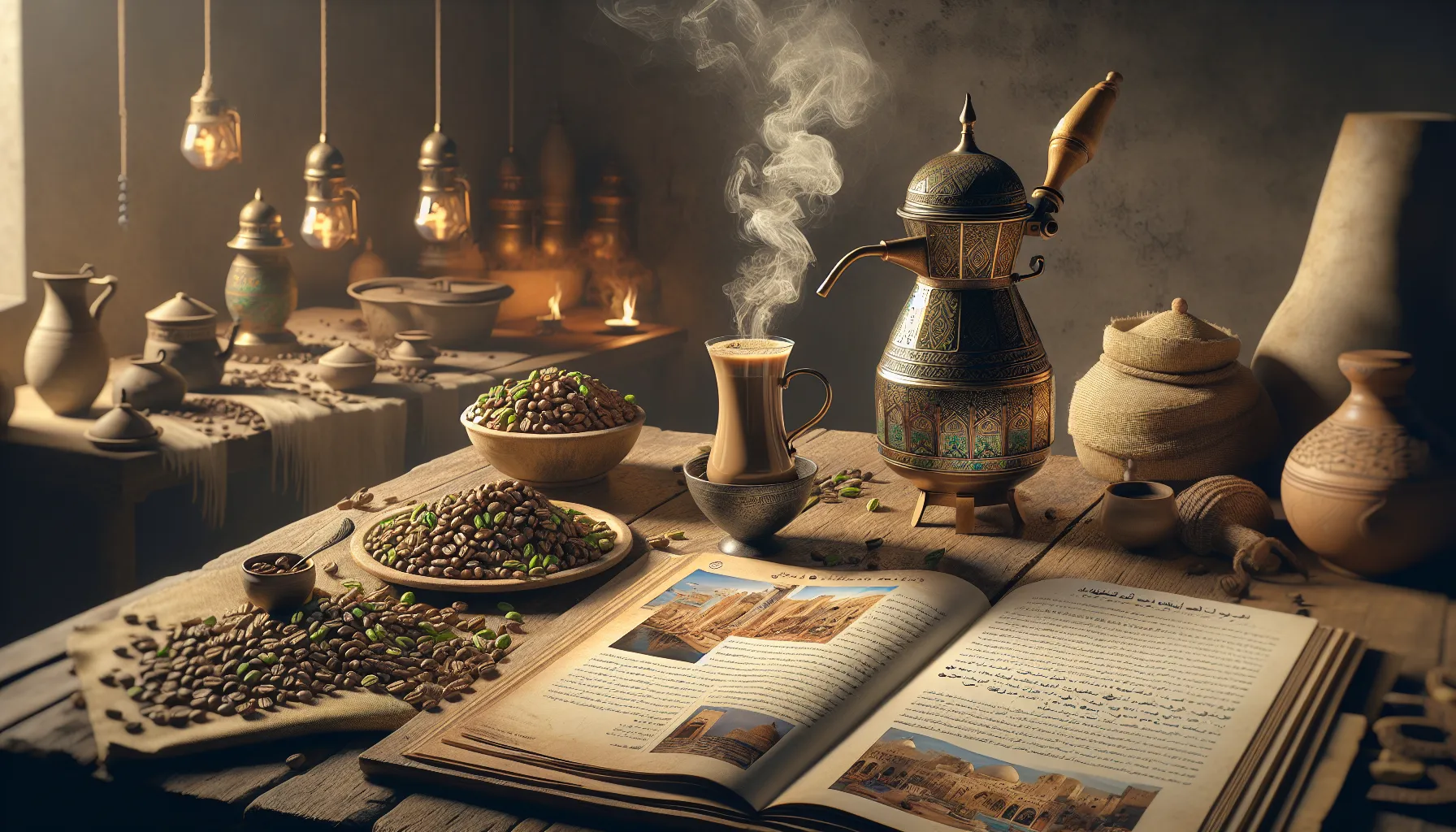 A beautifully arranged scene with kahwa coffee, pots, coffee beans, and an open book on a wooden table.