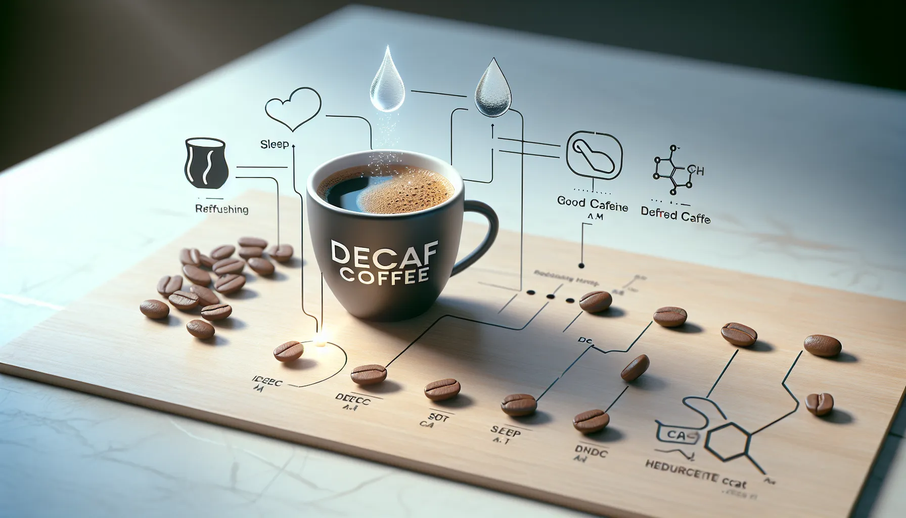 A cup of decaf coffee surrounded by coffee beans explores the question: is decaf coffee a diuretic?