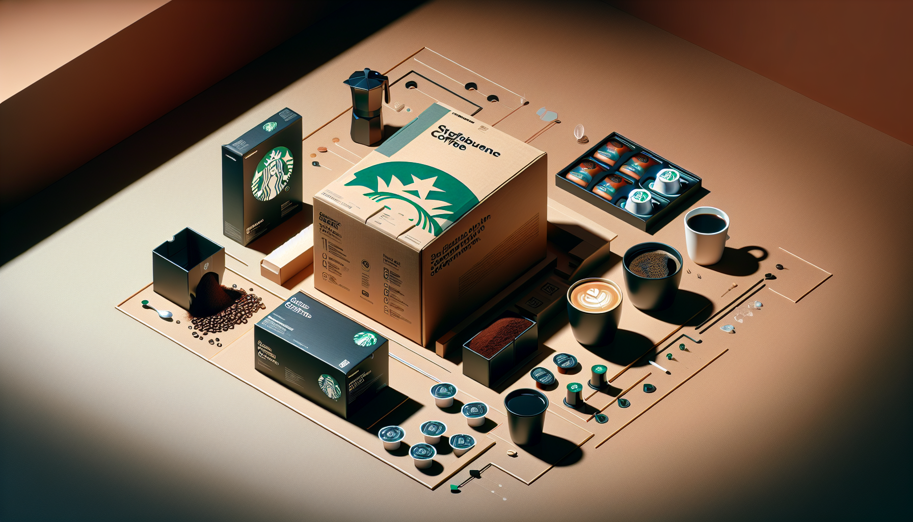 A neatly arranged display of various Starbucks coffee products, including boxes of ground coffee, coffee pods, a cup of brewed coffee with latte art, and a small container of coffee beans on a tan surface, illuminated by soft lighting.