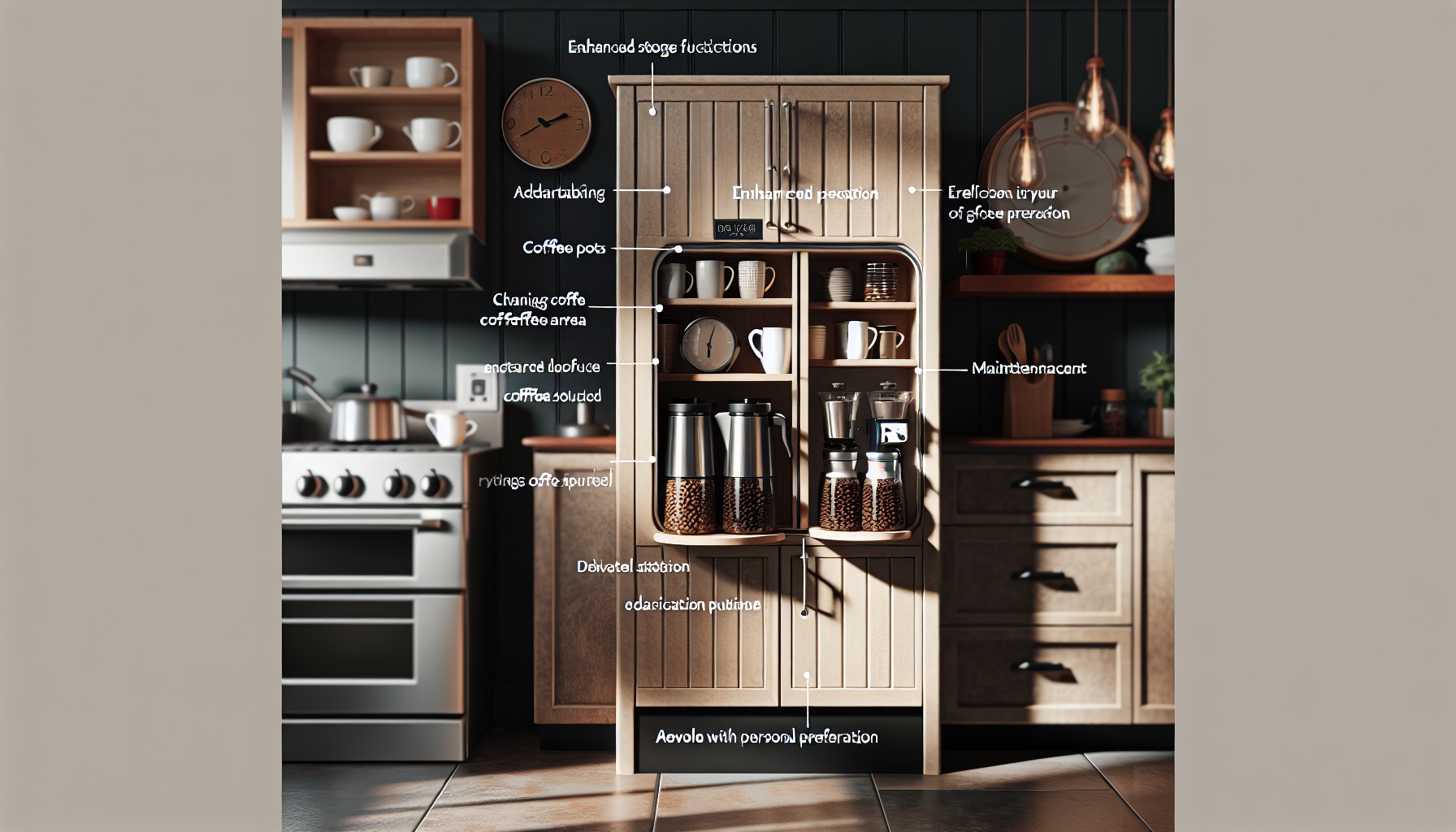 A well-organized kitchen space featuring a wooden cabinet with various coffee accessories, including coffee pots, a coffee grinder, and jars of coffee beans. The area is stylishly arranged with a modern stove, wooden shelves adorned with utensils and plants, and a wall clock, creating a warm and inviting atmosphere. Text labels point out various functions and features related to coffee preparation and storage.