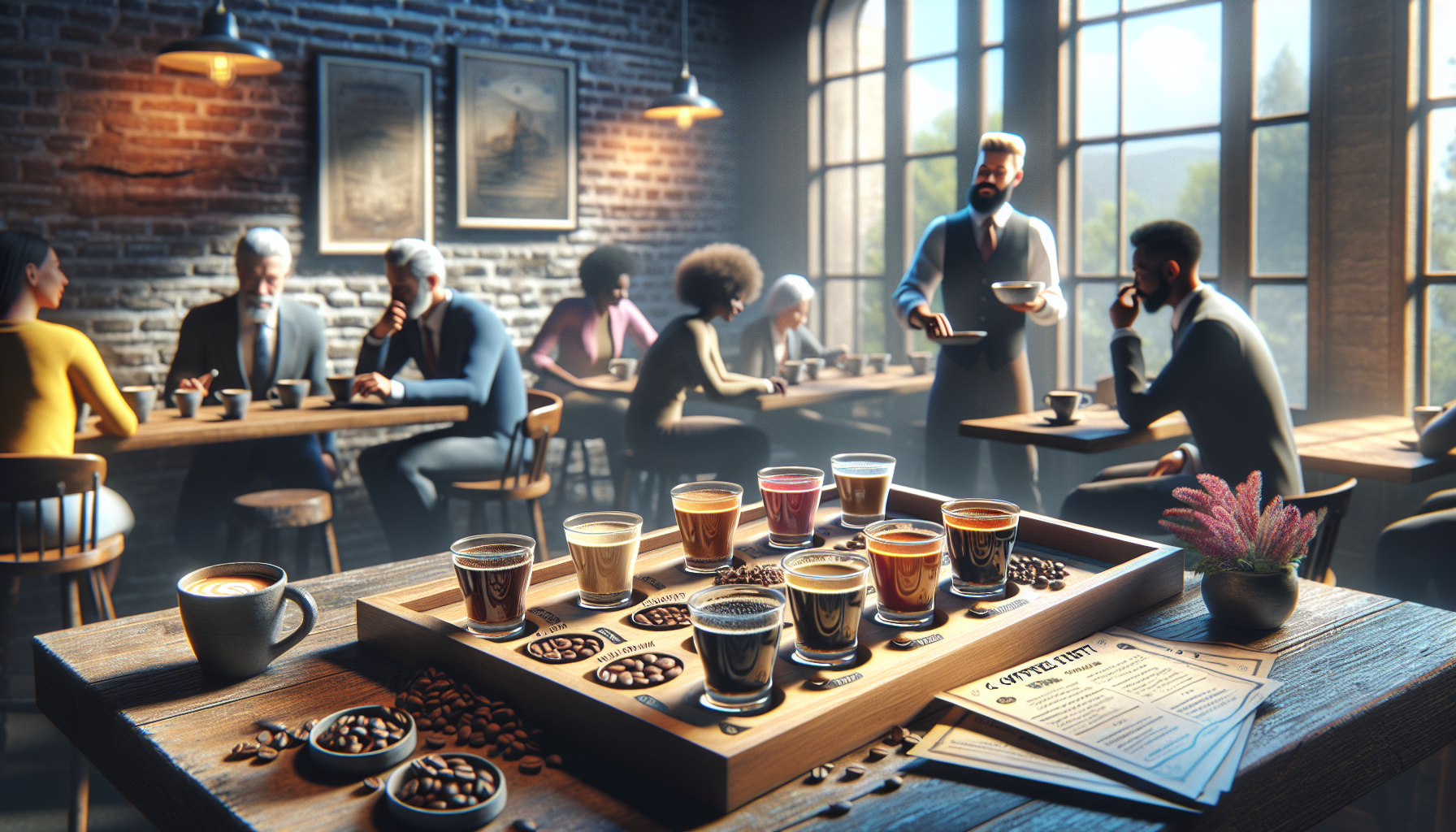 A cozy coffee shop scene featuring a wooden table with a flight of coffee samples in glass cups, surrounded by coffee beans. Customers are engaged in conversation at various tables, with a barista serving coffee. Soft light streams through large windows, illuminating the rustic interior with exposed brick walls and framed artwork.