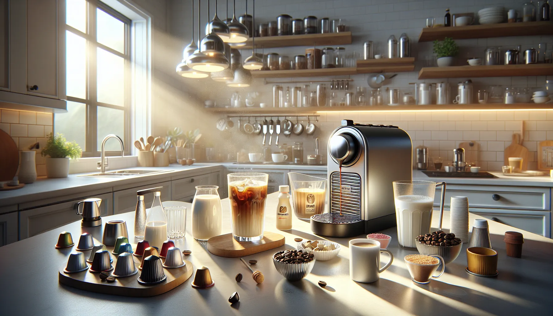 A modern kitchen scene featuring a sleek coffee machine surrounded by various coffee pods, cups, and ingredients. Sunlight streams through a window, illuminating a countertop filled with different types of coffee, milk pitchers, and sweeteners. In the background, shelves are lined with glass jars and kitchen utensils.