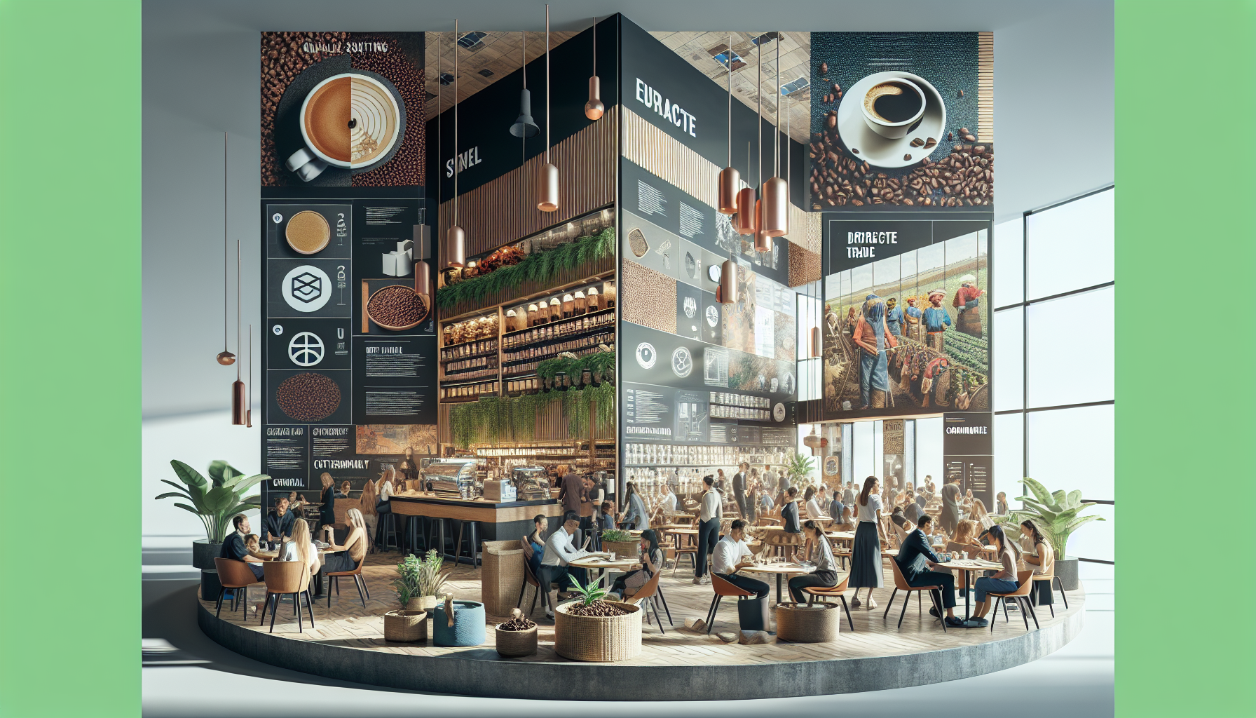 A modern coffee shop interior featuring a large, vibrant mural about coffee preparation and trade. There are various seating arrangements, including round and rectangular tables, with diverse groups of people chatting and enjoying drinks. The shop's design includes wooden elements, hanging light fixtures, and plants, creating a warm and inviting atmosphere. Wall displays contain educational graphics about coffee flavors, origins, and brewing methods.