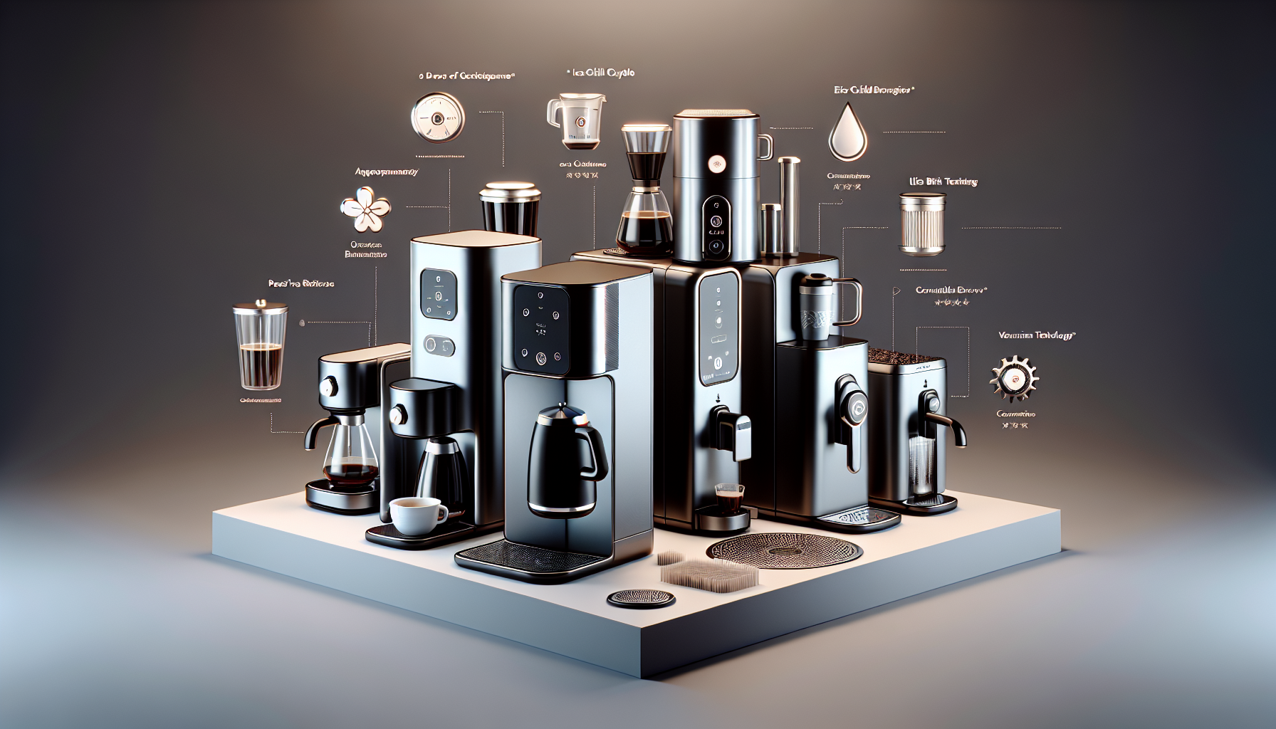 A modern coffee station featuring various sleek coffee machines and brewing equipment, displayed on a white platform. Each device is labeled with icons and text explaining its features, such as brewing techniques and preparation methods, against a softly lit gradient background.