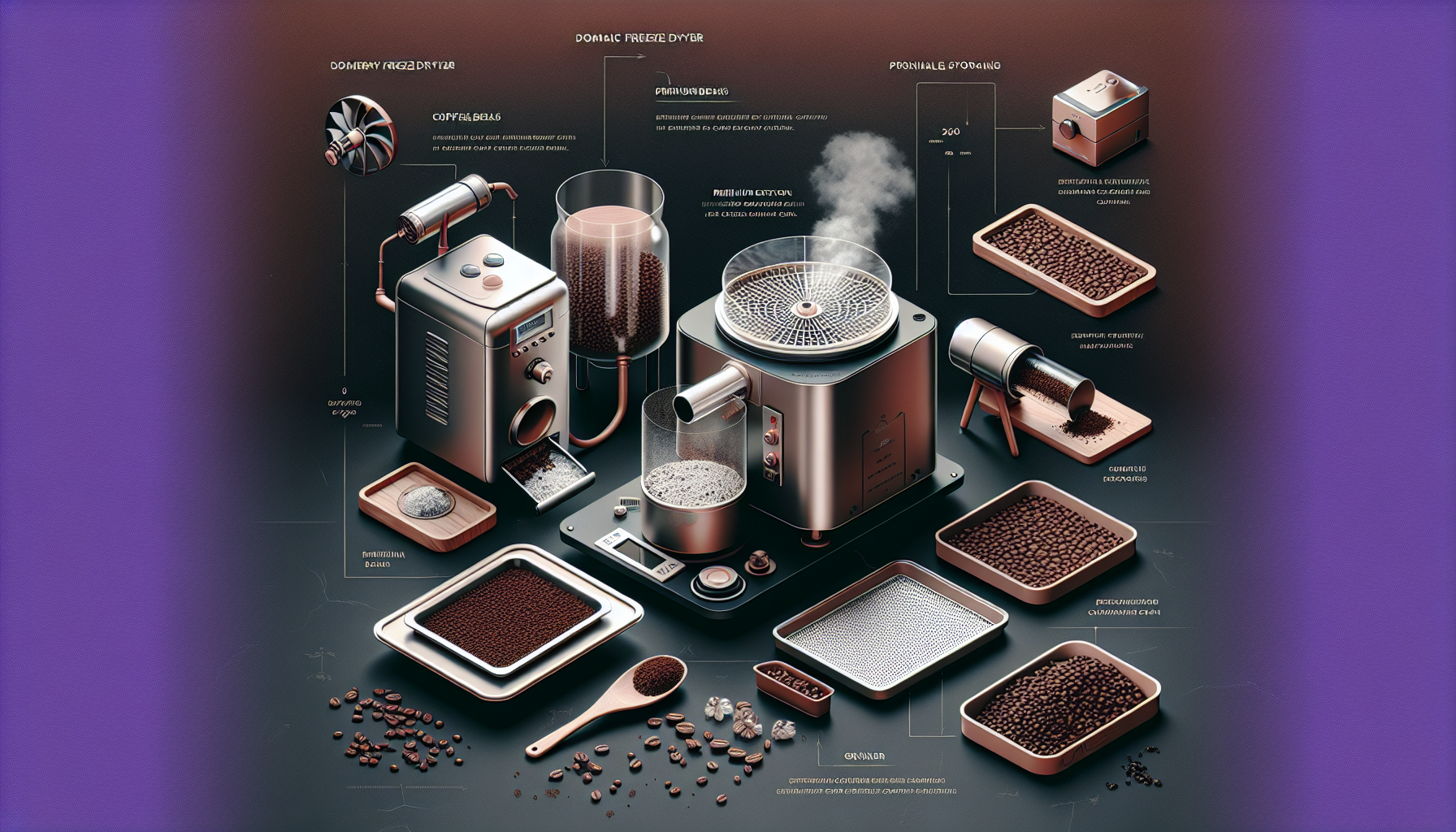 An infographic showcasing various coffee processing equipment, including a coffee grinder, freeze dryer, and brewing apparatus. Several trays filled with coffee beans and grounds are displayed alongside icons and labels explaining each component's function. The background features a dark gradient with purple edges, enhancing the modern aesthetic.