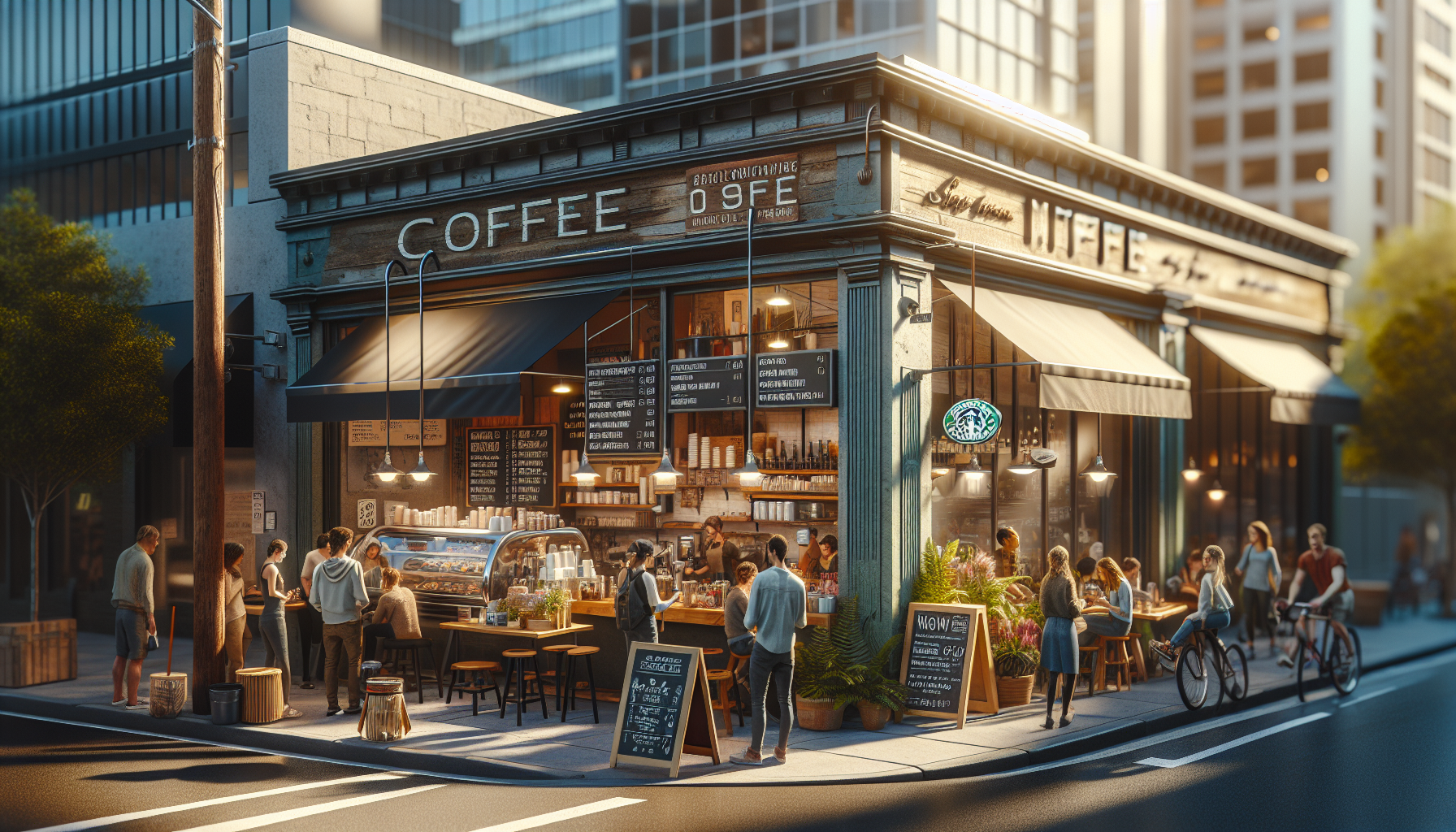 A bustling coffee shop at street level, featuring a wooden sign that reads 