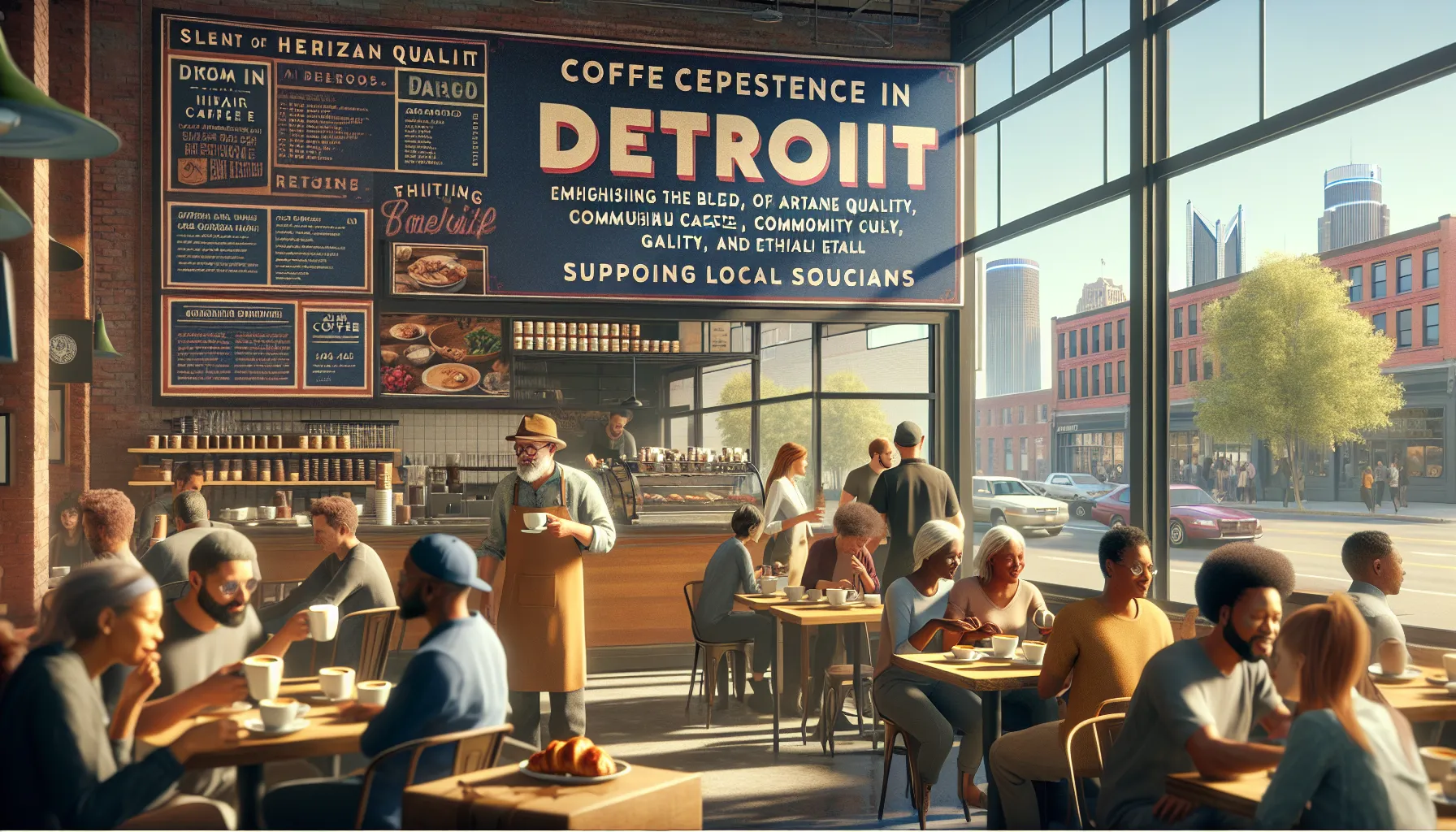 A vibrant scene showcasing coffee shops Detroit, with diverse patrons enjoying their drinks.