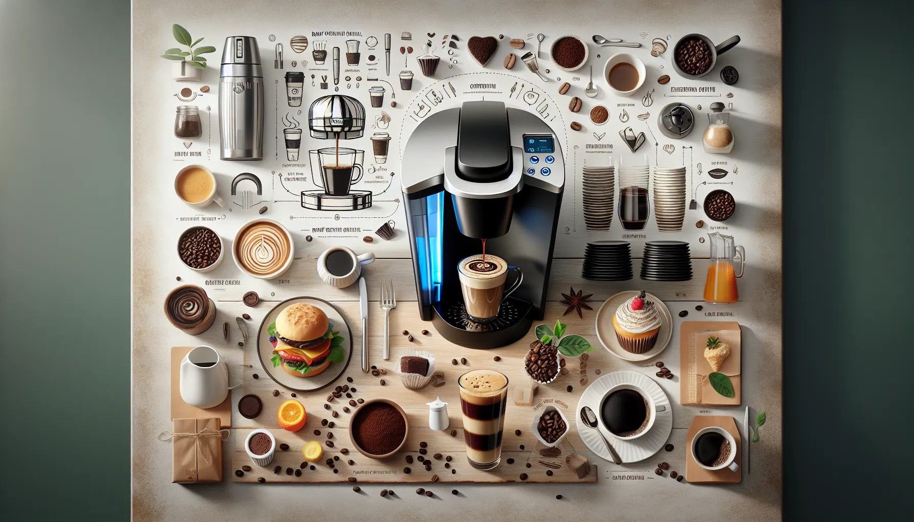 A visually rich flat lay of coffee-related items, featuring a coffee maker in the center, surrounded by various cups of coffee, coffee beans, desserts like cupcakes and a burger, alongside instructional diagrams and coffee-making tools, all artistically arranged on a textured background.