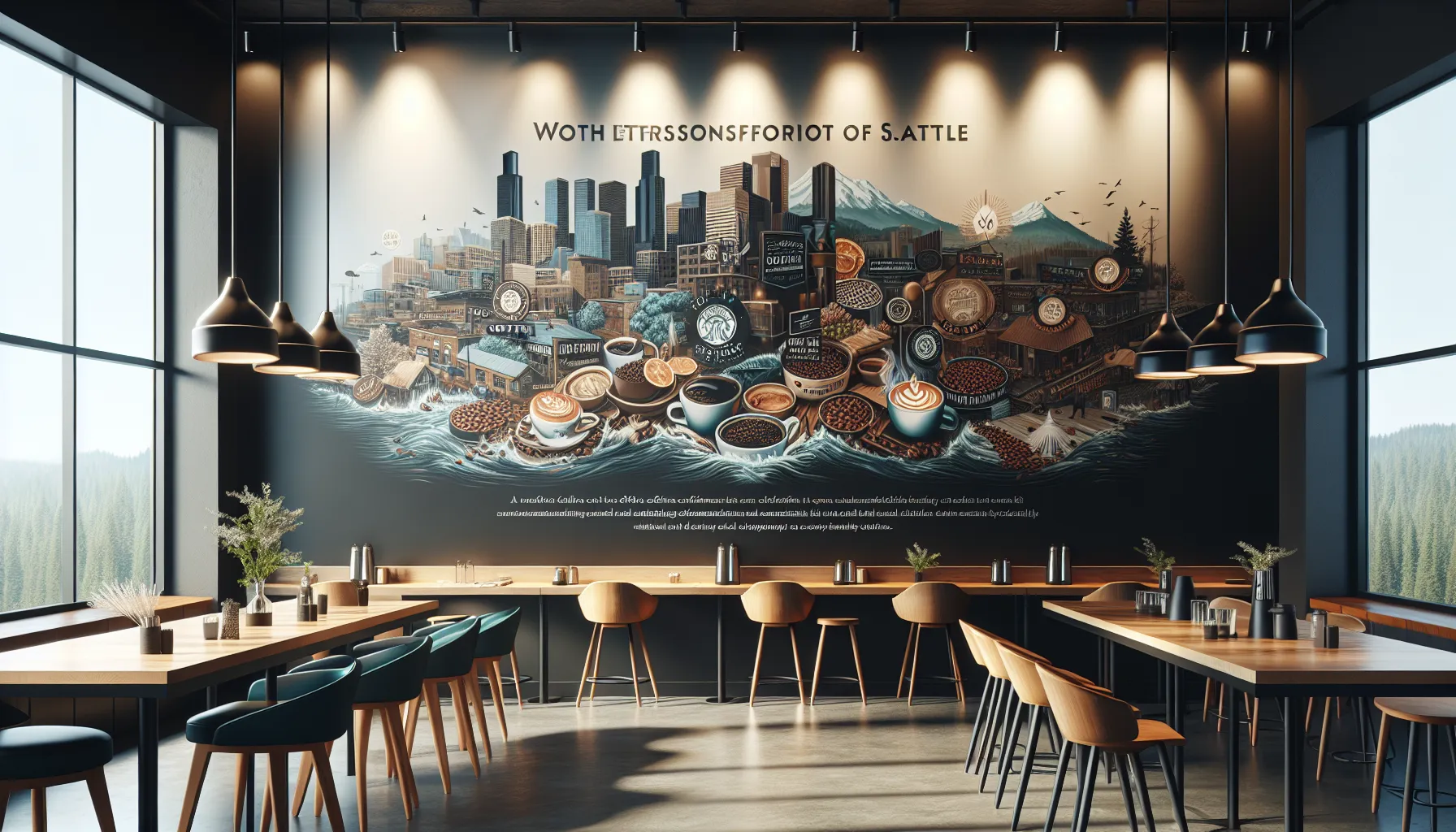 A stylish café interior features wooden tables and chairs, with a prominent mural depicting a vibrant cityscape of Seattle. The mural showcases coffee cups, beans, and various coffee-related elements, set against a backdrop of skyscrapers and mountains. Soft lighting hangs from the ceiling, enhancing the welcoming atmosphere.