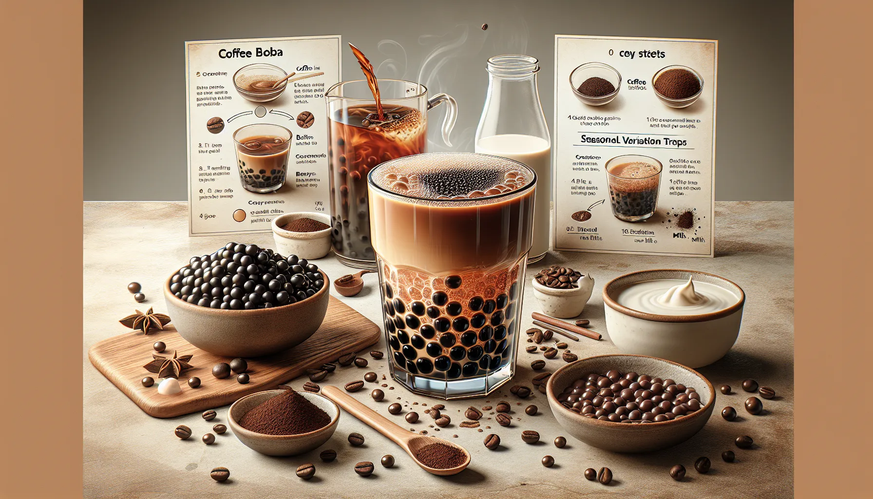 A display of coffee boba drinks and ingredients, showcasing the fusion of coffee and boba flavors.