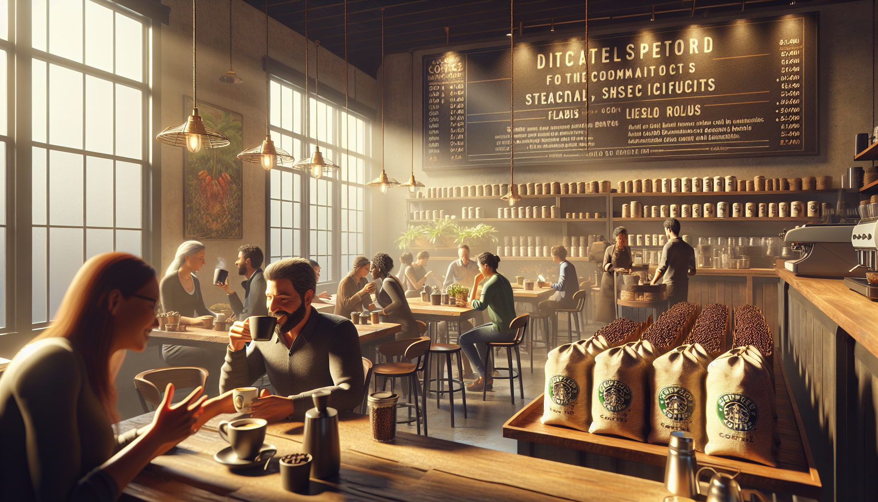 A bustling coffee shop filled with patrons engaged in conversation and enjoying their drinks. The warm atmosphere is enhanced by sunlight streaming through large windows, illuminating wooden tables and shelves stocked with coffee beans. A chalkboard menu hangs prominently on the wall, and baristas are seen preparing beverages behind the counter.