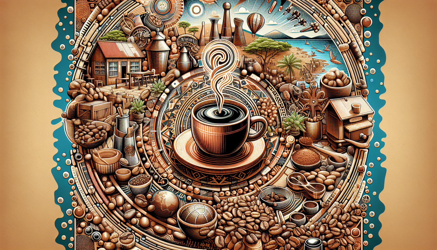 An artistic illustration featuring a steaming cup of coffee at the center, surrounded by coffee beans, coffee processing equipment, a landscape with a lake and mountains, and various elements related to coffee cultivation, such as plants and tools, all intricately arranged in a circular pattern.