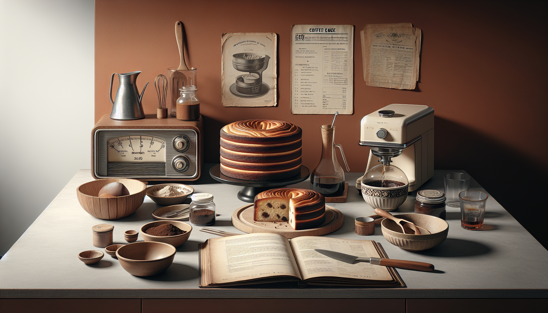 A vintage kitchen countertop scene featuring a beautifully swirled coffee cake on a black pedestal stand, partially sliced to reveal its texture. Surrounding it are various wooden bowls containing ingredients such as flour, cocoa powder, and sugar, along with measuring spoons and a large, open cookbook displaying a recipe. An old-fashioned radio sits nearby, alongside kitchen tools like a whisk and a coffee maker, all set against a warm brown wall adorned with retro recipe papers.