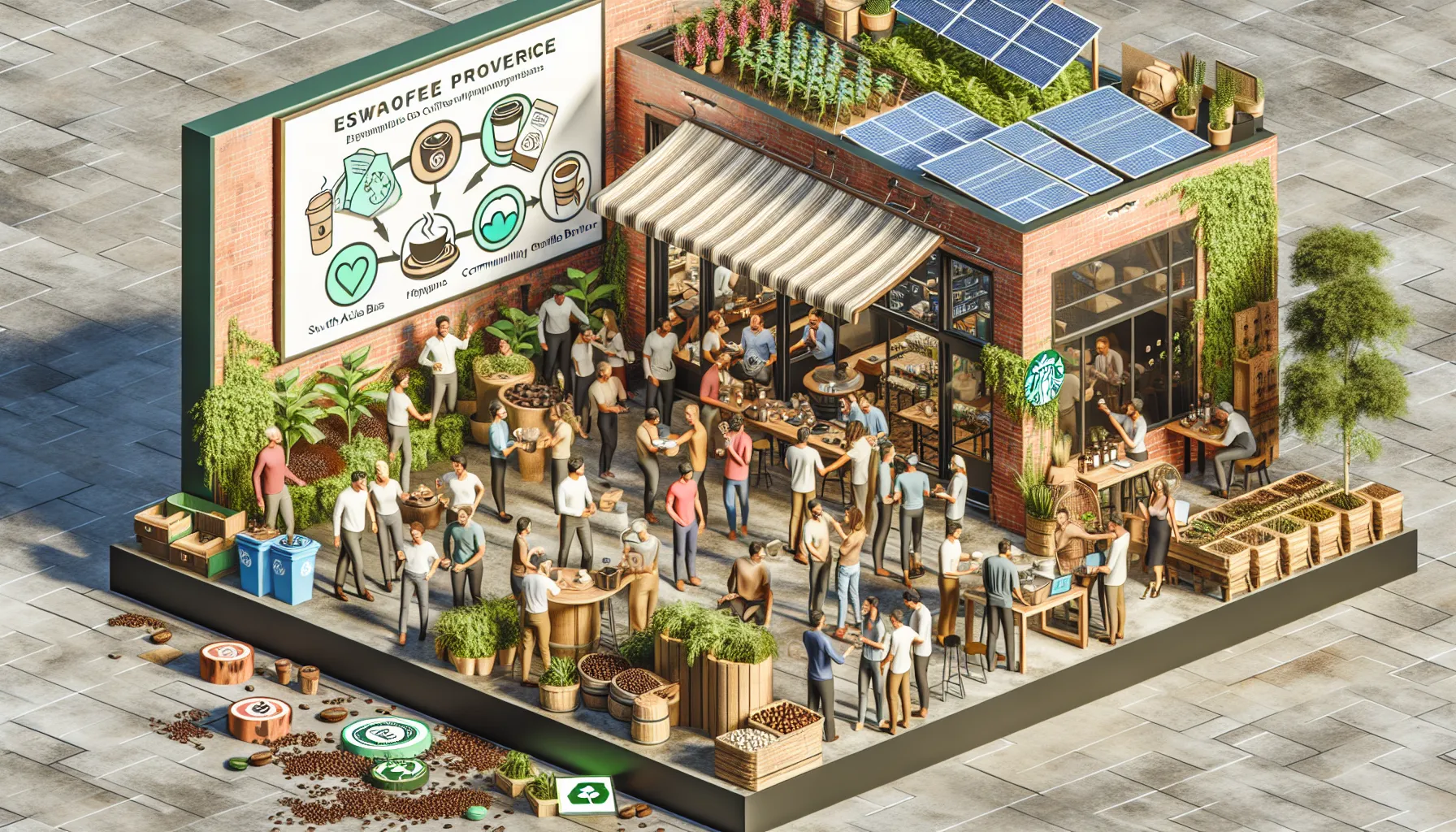 A bustling outdoor café scene featuring a brick building with a striped awning, surrounded by greenery and solar panels on the roof. Numerous people are engaged in various activities: some are ordering drinks, others are seated at tables or socializing. There are decorative pots, baskets of coffee beans, and recycling bins visible, alongside signage depicting sustainable practices.