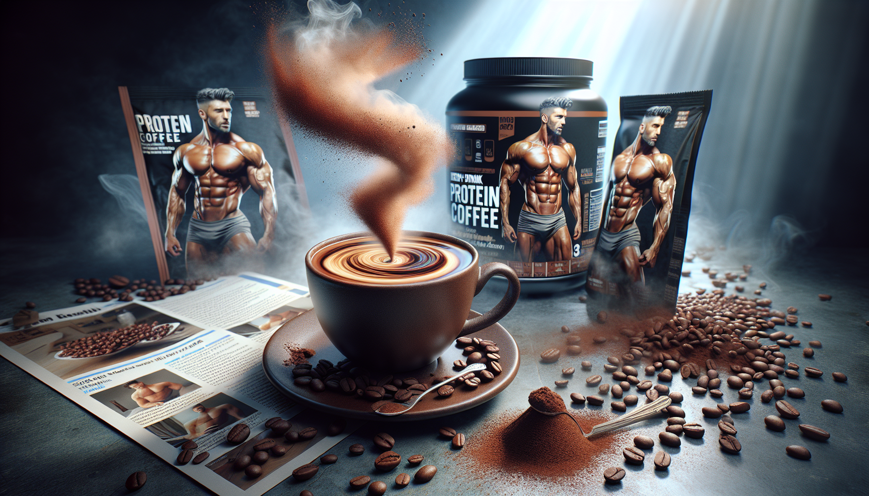 A steaming cup of coffee sits on a plate surrounded by coffee beans, with a swirl of coffee and protein powder rising from it. Behind are two packets of protein coffee and a large jar of protein coffee, both featuring a muscular man on their labels, alongside a magazine page showcasing coffee-related content.