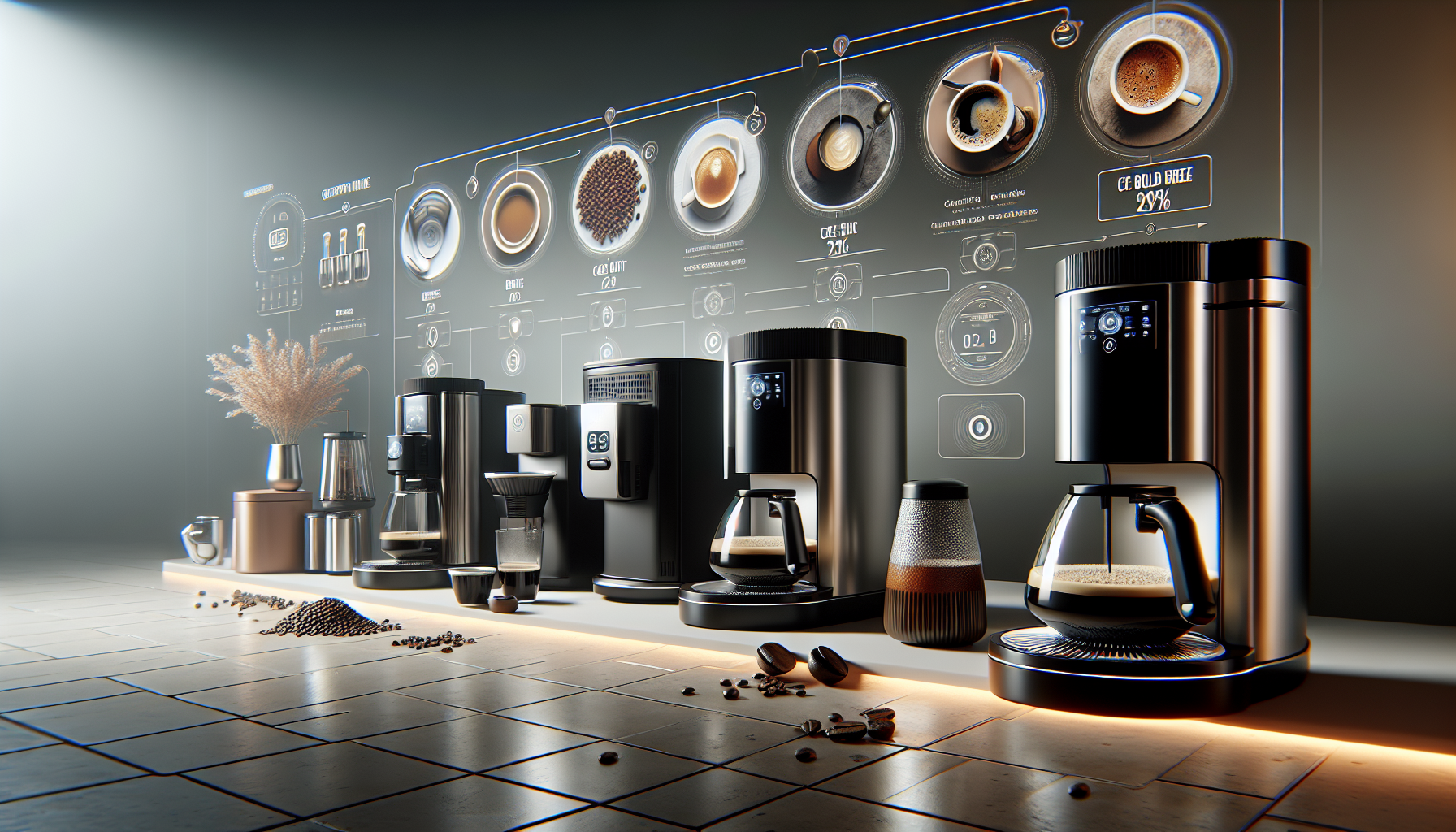 A modern coffee station with various coffee machines lined up on a countertop, featuring a digital display wall showcasing different coffee types and their details. The setup includes a coffee grinder, a drip coffee maker, a pour-over brewer, and a French press, alongside coffee beans scattered on the tile floor and decorative elements like a vase of dried grass. Soft lighting highlights the sleek, stainless steel and black appliances.