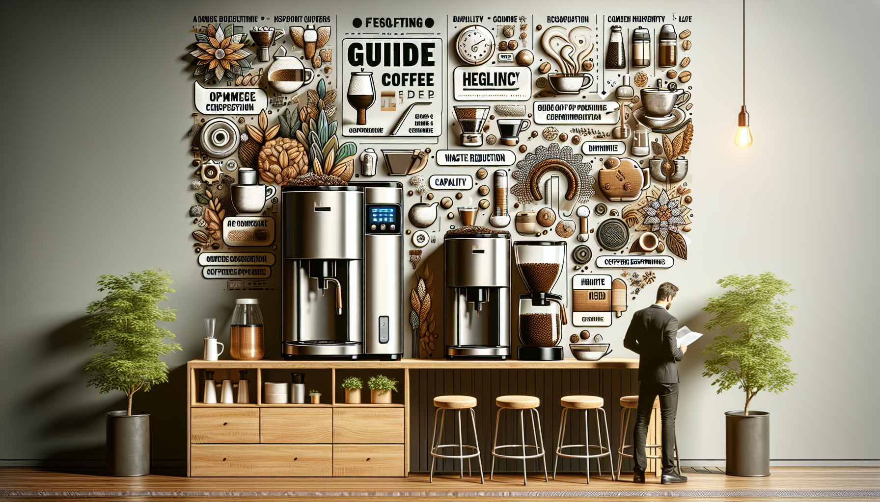 A modern coffee shop interior featuring a stylish wooden counter with three coffee machines, surrounded by a vibrant mural showcasing various coffee-related graphics and typography. A man in a suit stands reading a document next to a potted plant.