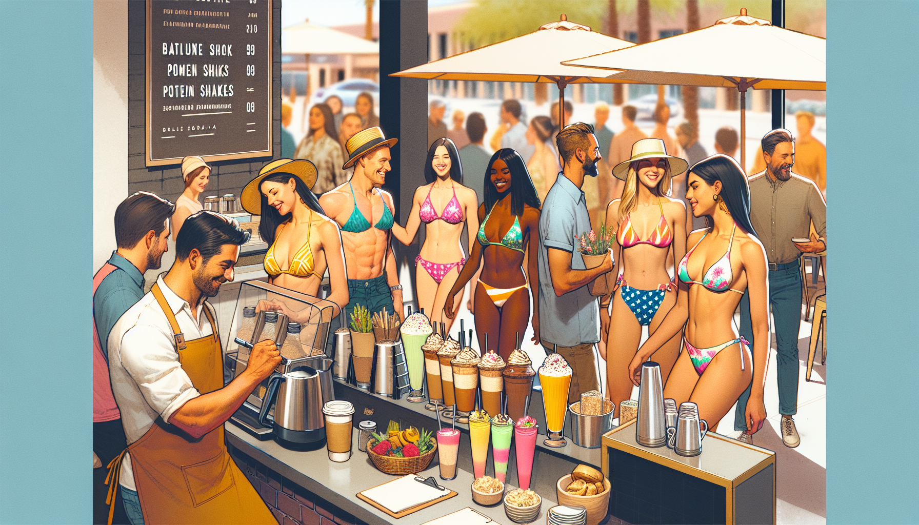 A vibrant beachside cafe scene depicts a diverse group of people in swimwear interacting near a counter filled with colorful drinks and snacks. The staff, wearing aprons, prepares beverages while customers, including both men and women with varying body types, chat and enjoy their time. A menu board hangs above, listing smoothies and protein shakes, with a bustling outdoor atmosphere in the background.