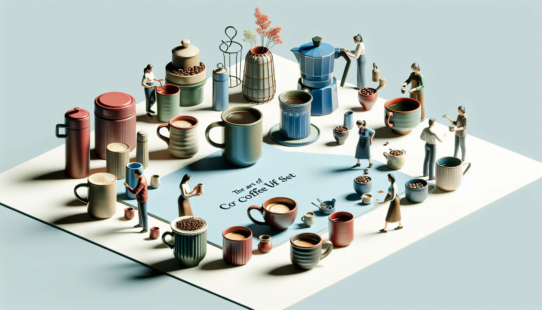 A whimsical arrangement of various coffee-related items, including mugs, coffee pots, and containers, populated by small figurines engaged in coffee preparation and enjoyment, with a central focus on a light blue card that says 