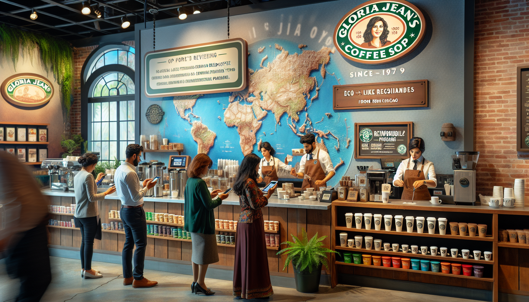 A modern coffee shop interior featuring a large world map mural. Customers stand at the counter, engaged with their smartphones and tablets, while baristas in aprons prepare beverages. The café has a warm ambiance with brick walls, greenery, and shelves filled with coffee products and disposable cups, showcasing a variety of colors.