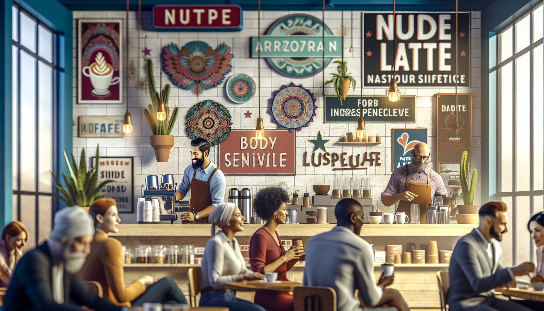 A cozy café scene with a vibrant, decorated interior featuring a variety of colorful wall signs. In the foreground, diverse patrons are seated at tables enjoying coffee and conversation. Behind the counter, two baristas—one with a beard in an apron and the other an older man with glasses—are engaged in preparing drinks. Bright windows let in natural light, highlighting the lively atmosphere filled with greenery and artistic elements.