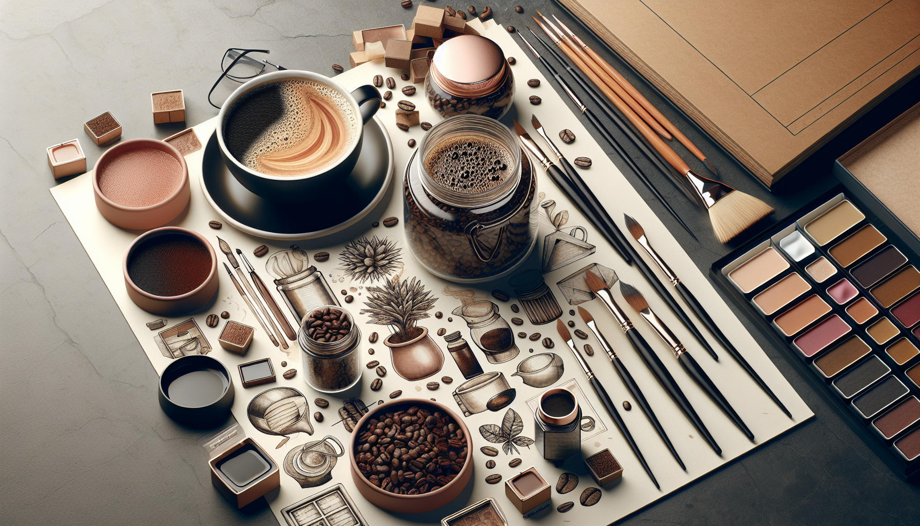 A flat lay of art supplies and coffee-themed items, including a steaming cup of coffee, jars of coffee beans, paint palettes, paintbrushes, and various containers, all arranged on a textured surface with sketched illustrations of plants and coffee-related motifs in the background.