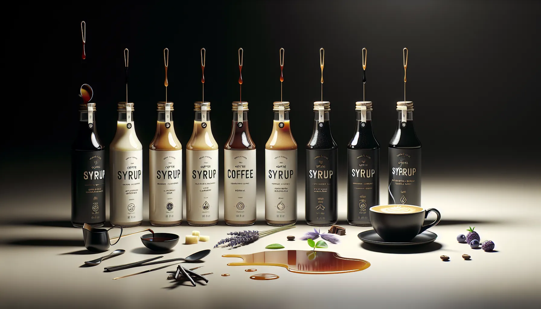 A collection of elegant syrup bottles arranged in a row, featuring flavors such as coffee and various syrups. A black coffee cup with latte art sits in the foreground, surrounded by coffee beans, blue berries, sprigs of lavender, and small cubes of sugar. Drips of syrup cascade from the bottles, creating a visually appealing composition against a dark background.