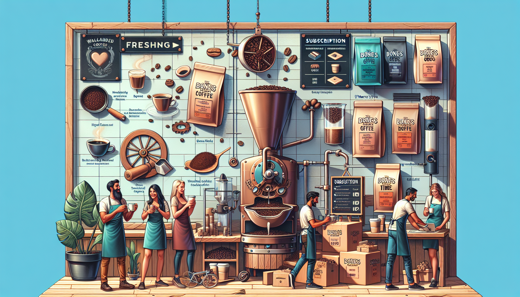 A vibrant coffee shop scene featuring a wall display of coffee products, jars, and brewing equipment. Several people are engaged in various activities: two are chatting while holding coffee cups, a man is working at a table, and a woman is serving. The background includes bags of coffee labeled with different varieties, a large coffee grinder, and detailed charts about coffee processing and subscriptions. Lively colors and artistic illustrations enhance the ambiance.