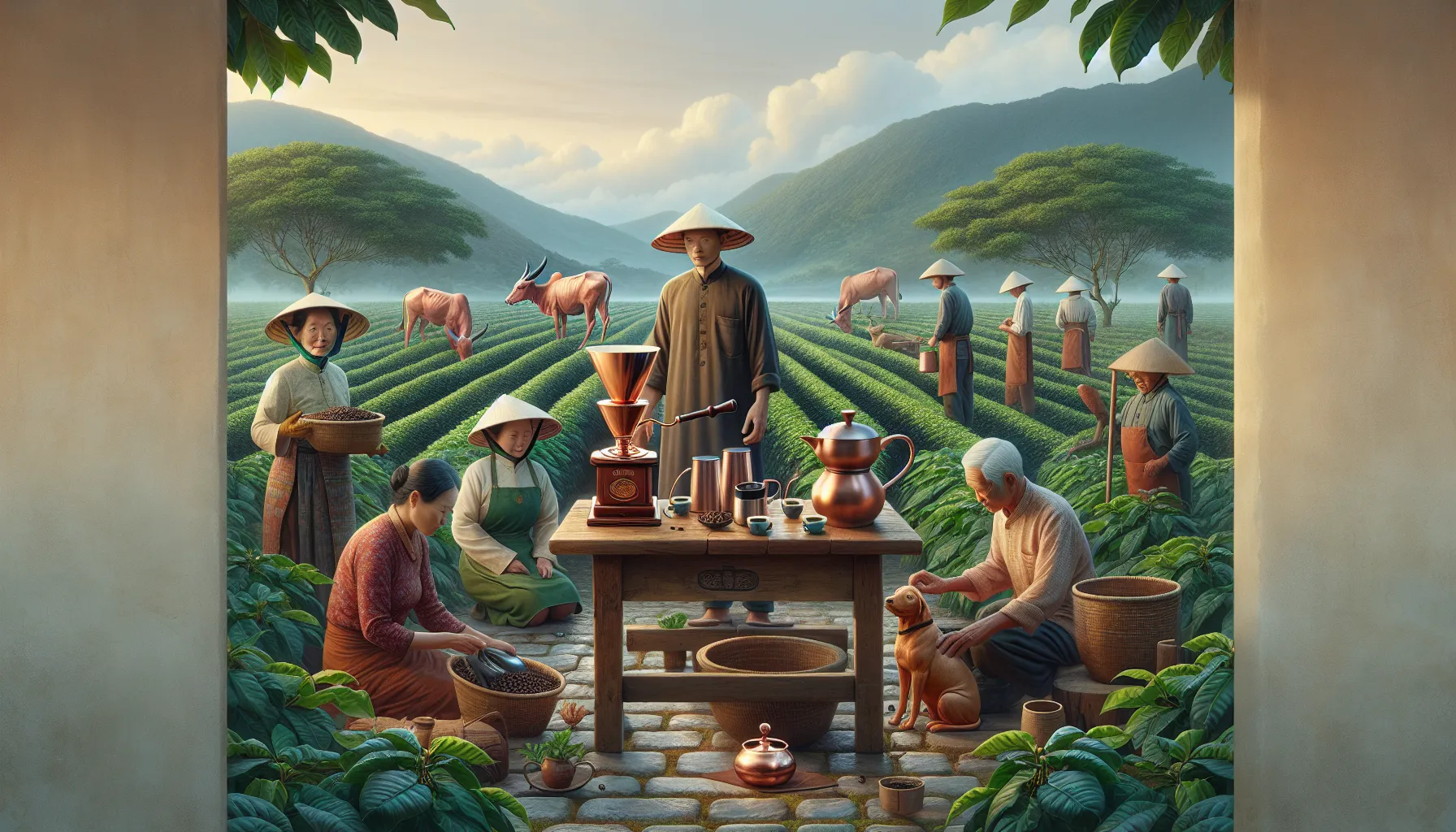 A vibrant rural scene depicting workers in a lush tea plantation. In the foreground, a wooden table is set with a coffee grinder, kettle, and several small cups, while a man gently pets a dog. Nearby, women sort tea leaves, and men tend to the fields, with cows grazing in the background against a backdrop of rolling hills and a bright sky. All figures are wearing traditional Asian conical hats.